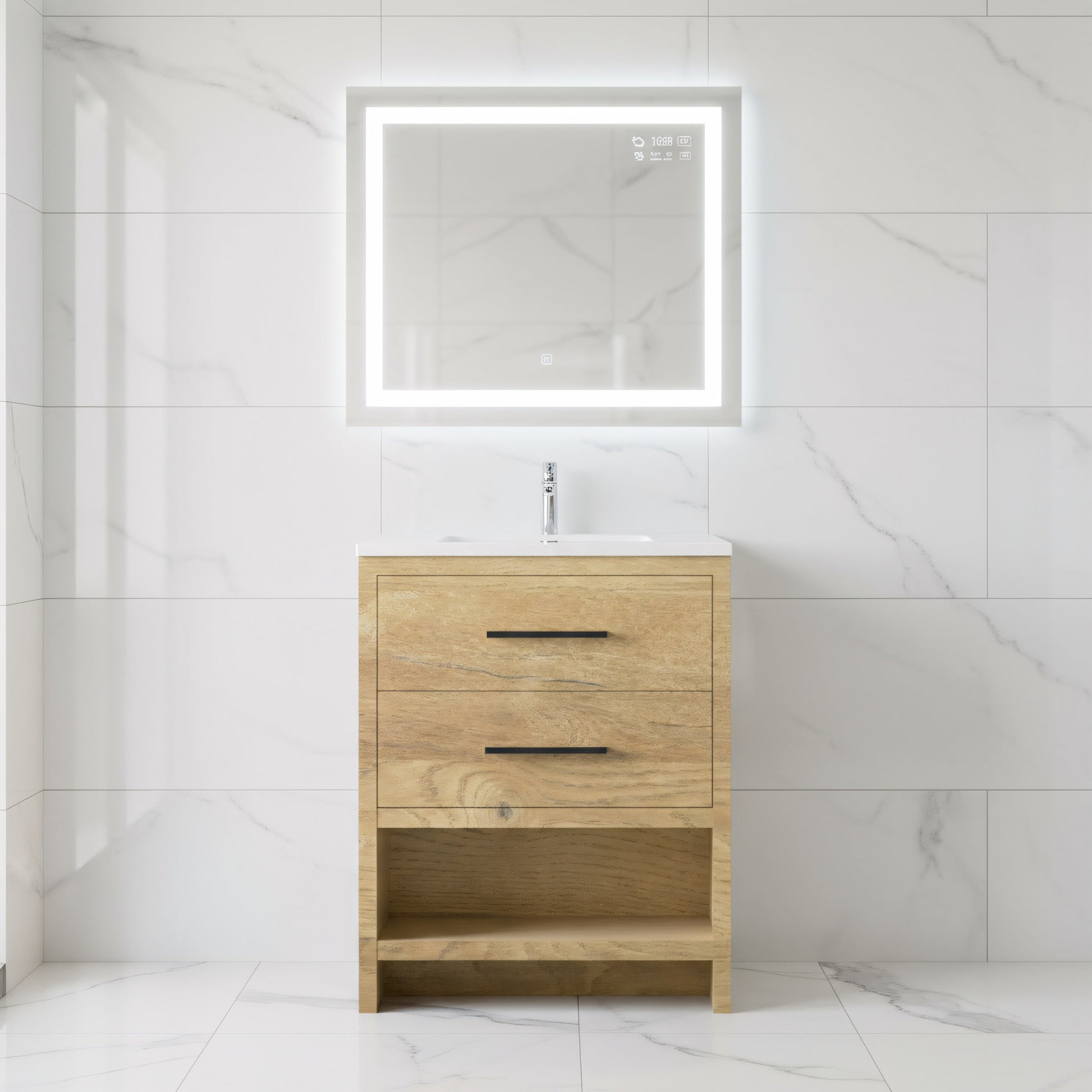 24" Rough Oak Freestanding Bathroom Vanity with White Polymarble Countertop-Migration_Bathroom Vanities-DECOROLALA