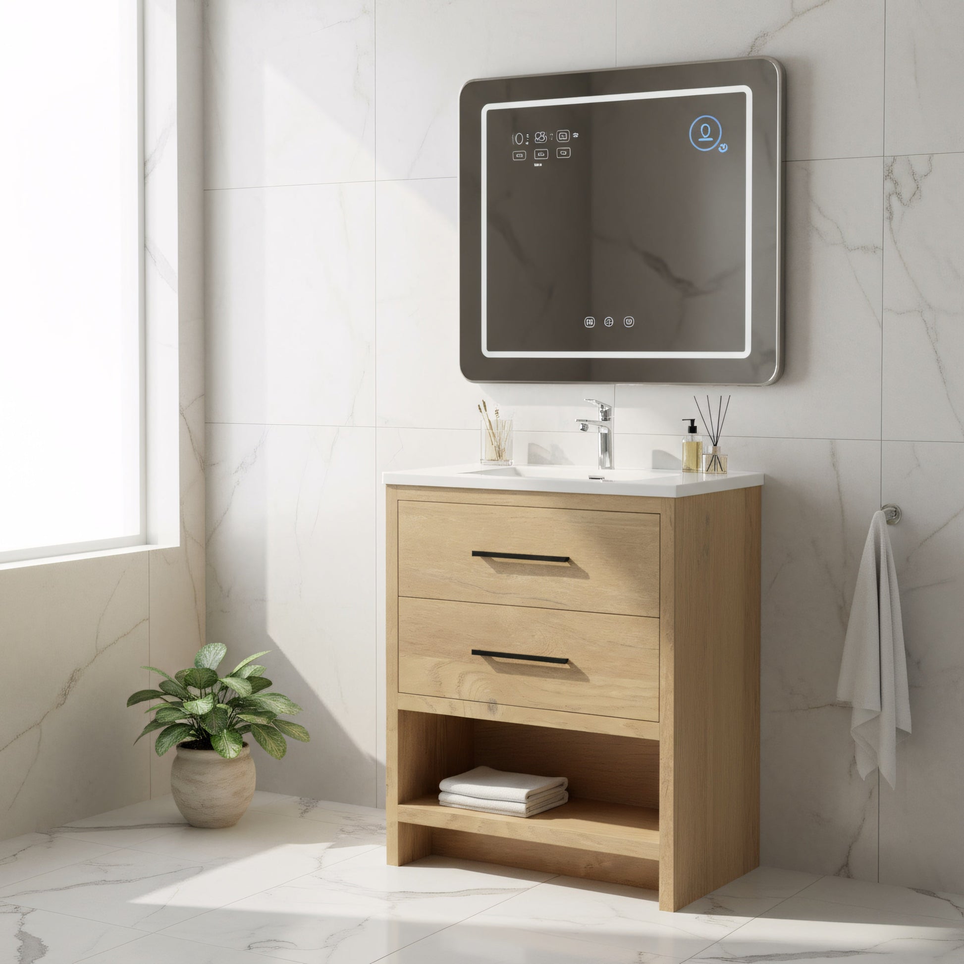 24" Rough Oak Freestanding Bathroom Vanity with White Polymarble Countertop-Migration_Bathroom Vanities-DECOROLALA