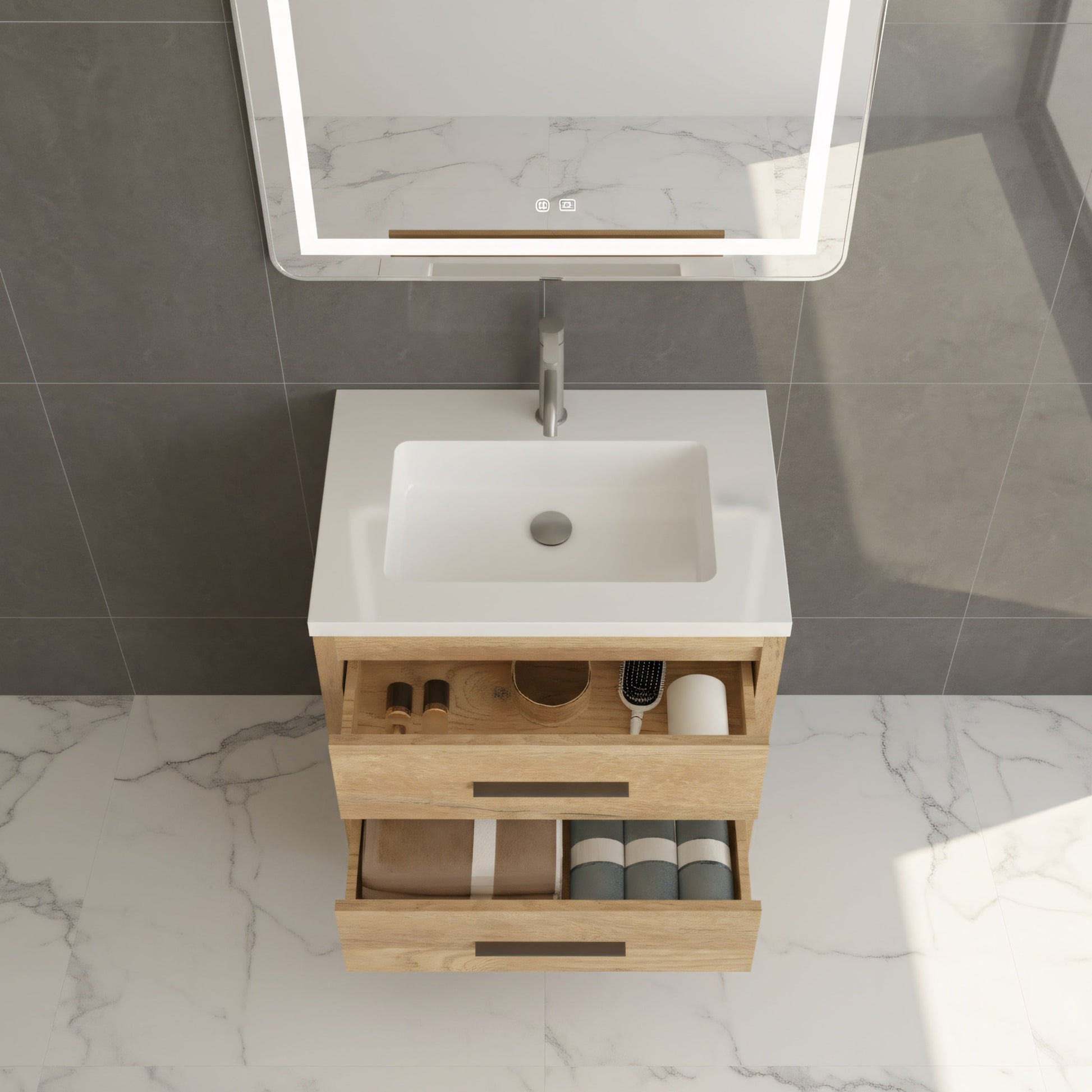 24" Rough Oak Freestanding Bathroom Vanity with White Polymarble Countertop-Migration_Bathroom Vanities-DECOROLALA