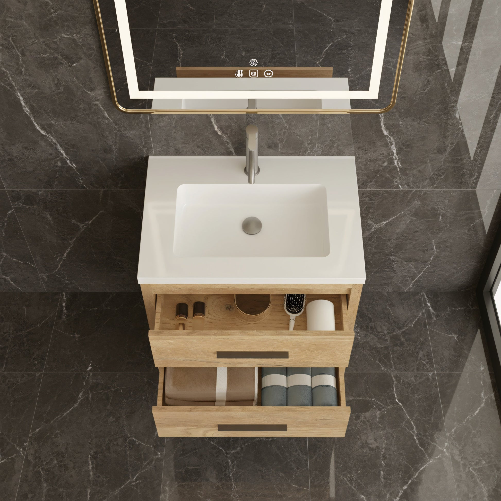 24" Rough Oak Freestanding Bathroom Vanity with White Polymarble Countertop-Migration_Bathroom Vanities-DECOROLALA