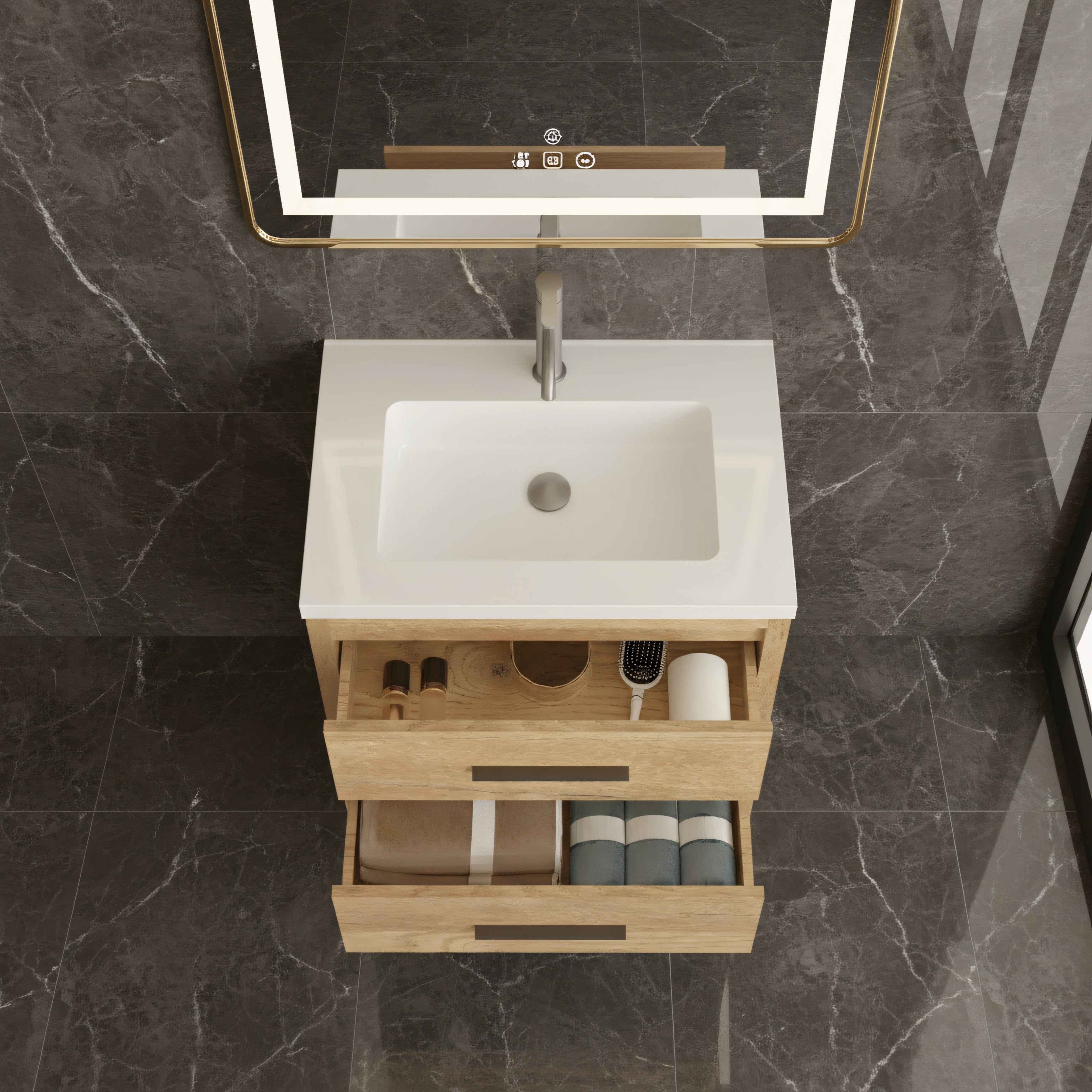 24" Rough Oak Freestanding Bathroom Vanity with White Polymarble Countertop-Migration_Bathroom Vanities-DECOROLALA