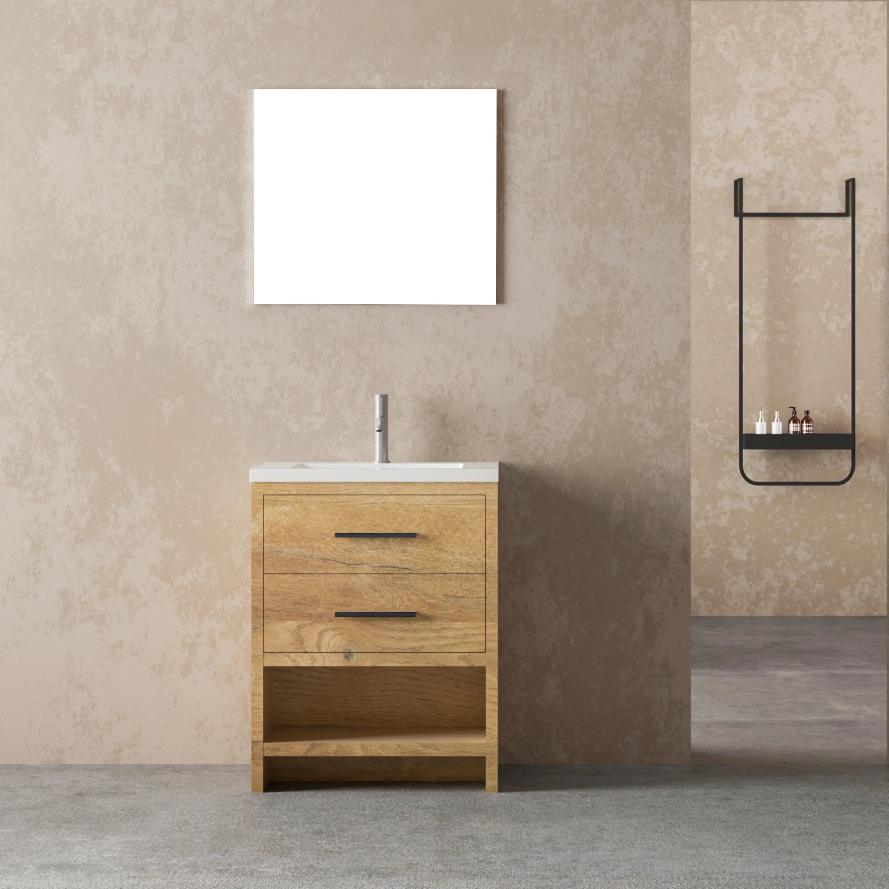 24" Rough Oak Freestanding Bathroom Vanity with White Polymarble Countertop-Migration_Bathroom Vanities-DECOROLALA