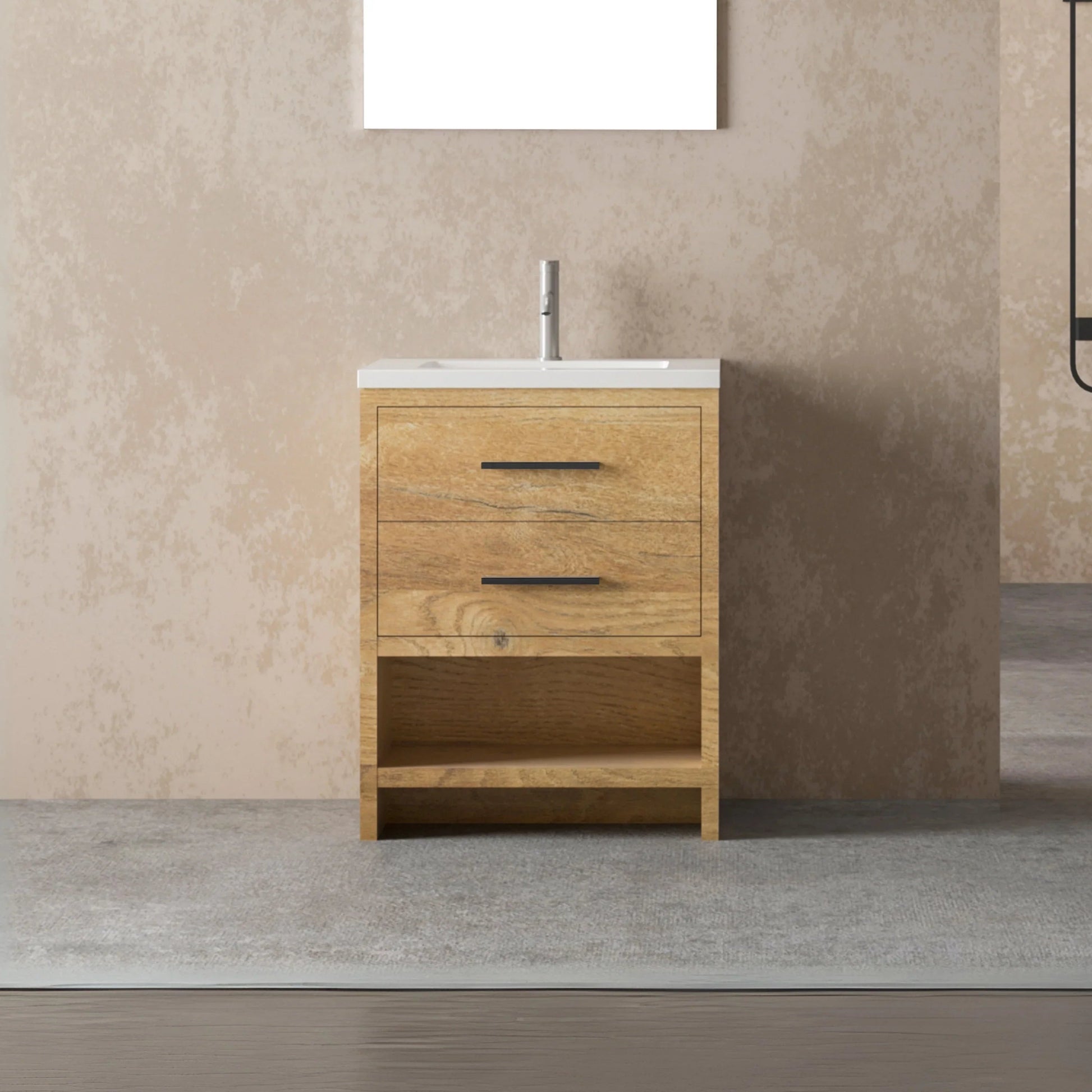 24" Rough Oak Freestanding Bathroom Vanity with White Polymarble Countertop-Migration_Bathroom Vanities-DECOROLALA