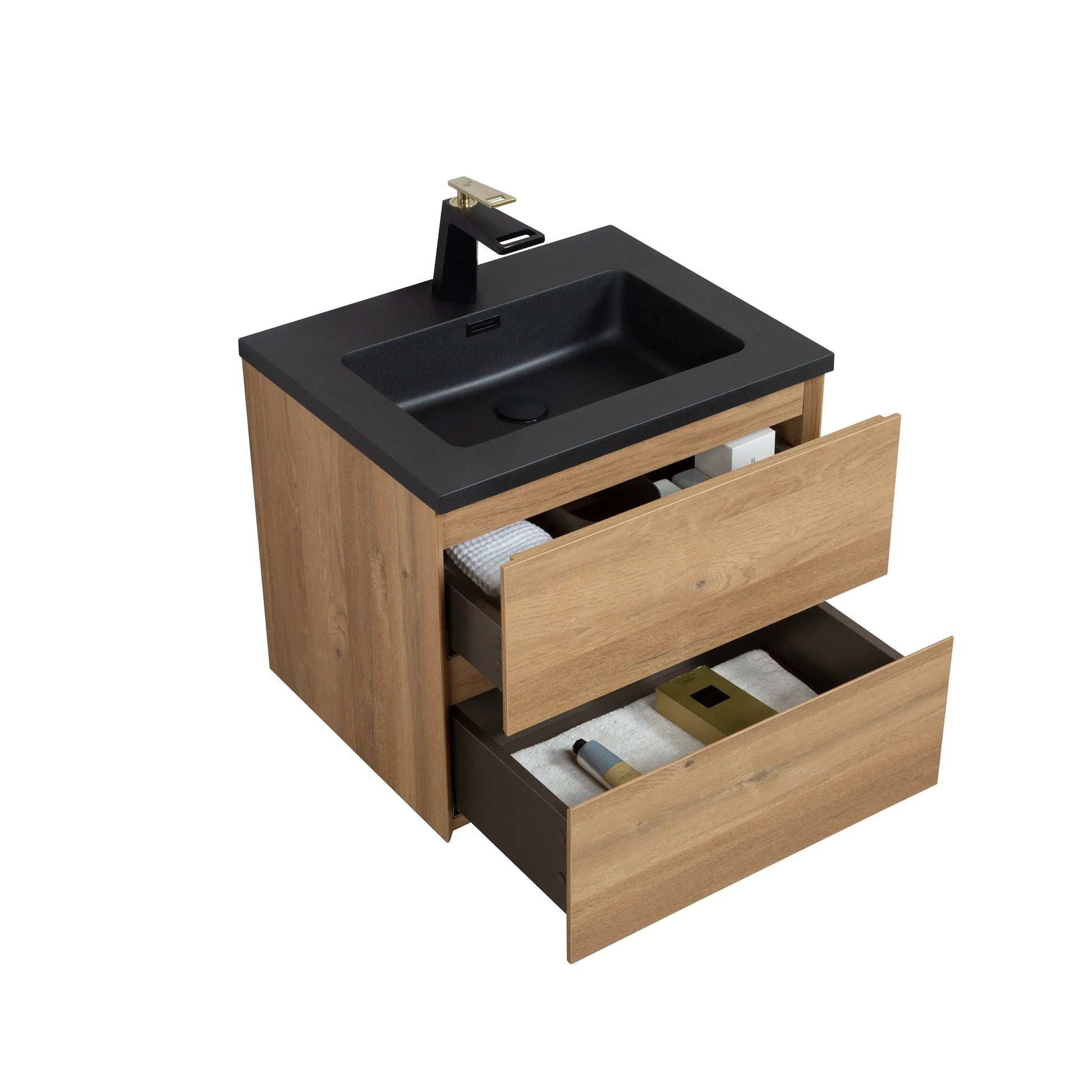 24" Rough Oak Wall Mount Bathroom Vanity with Black Engineered Quartz Countertop-Migration_Bathroom Vanities-DECOROLALA