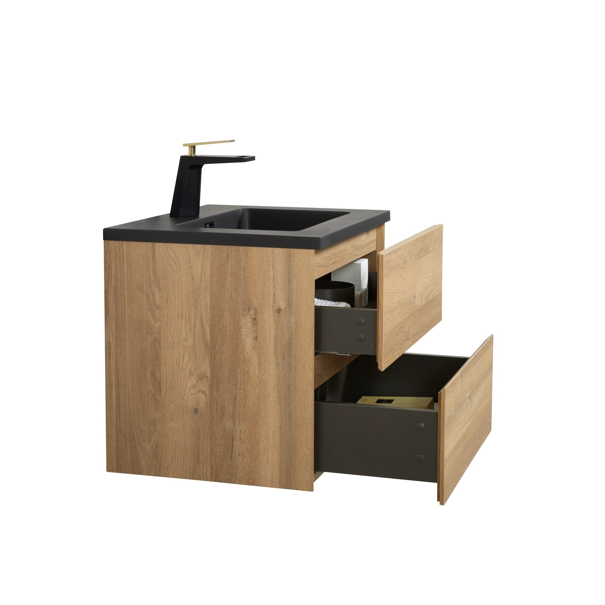 24" Rough Oak Wall Mount Bathroom Vanity with Black Engineered Quartz Countertop-Migration_Bathroom Vanities-DECOROLALA