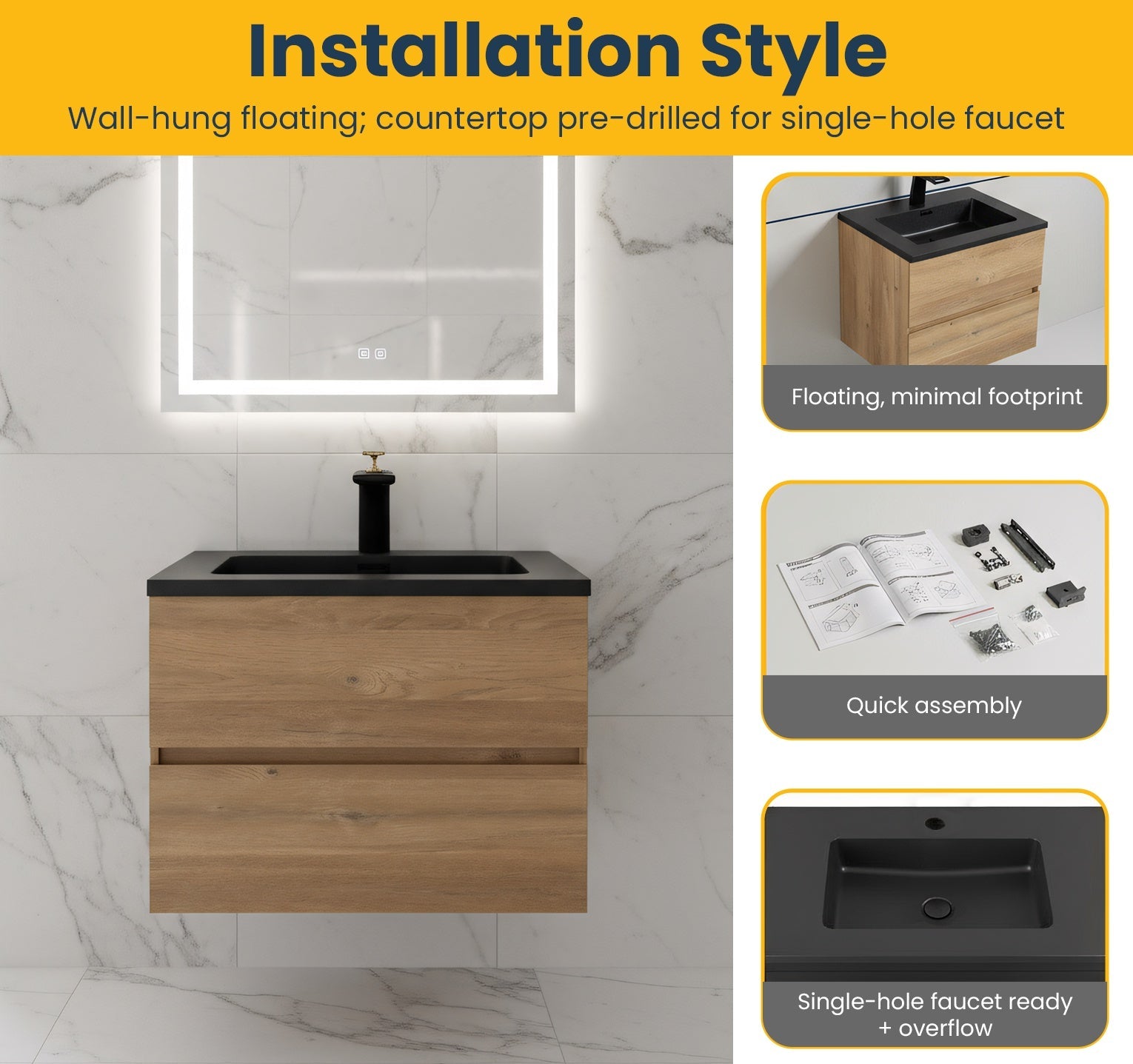 24" Rough Oak Wall Mount Bathroom Vanity with Black Engineered Quartz Countertop-Migration_Bathroom Vanities-DECOROLALA