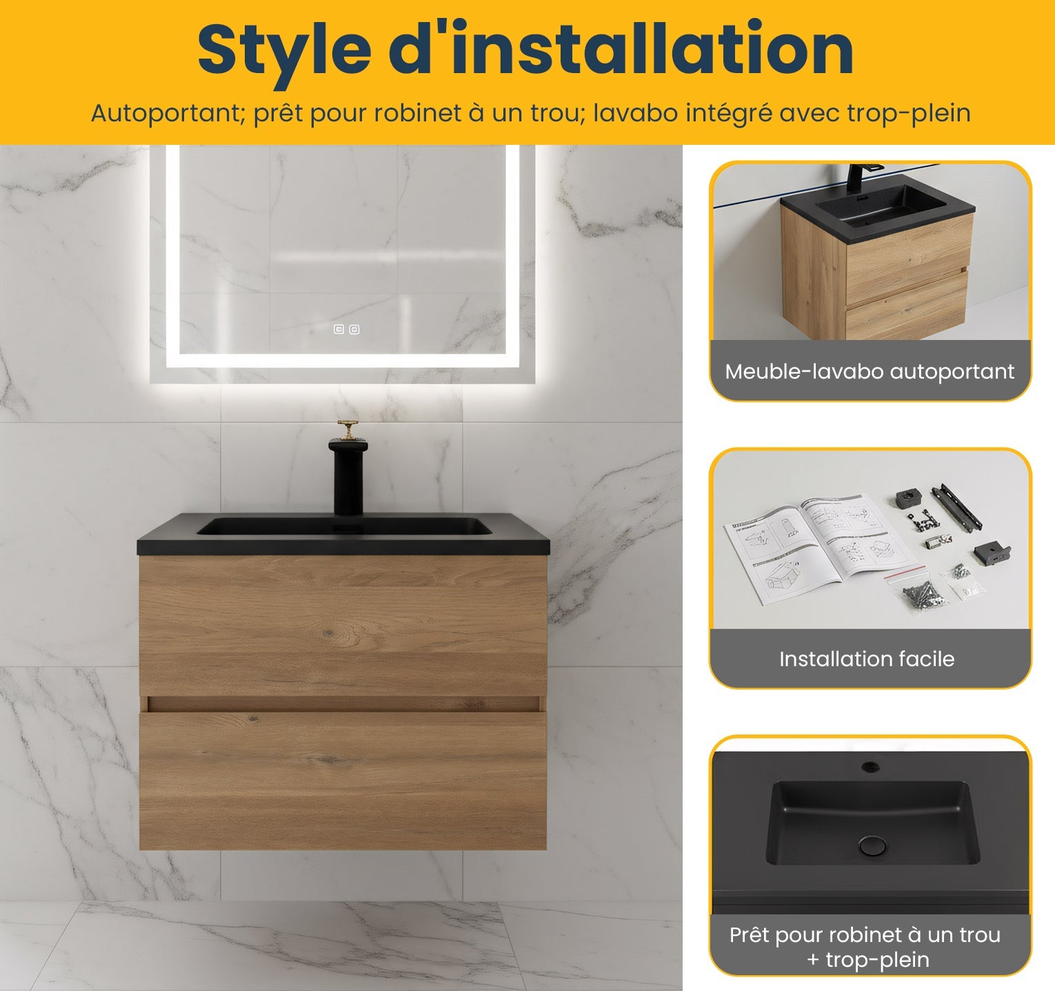 24" Rough Oak Wall Mount Bathroom Vanity with Black Engineered Quartz Countertop-Migration_Bathroom Vanities-DECOROLALA