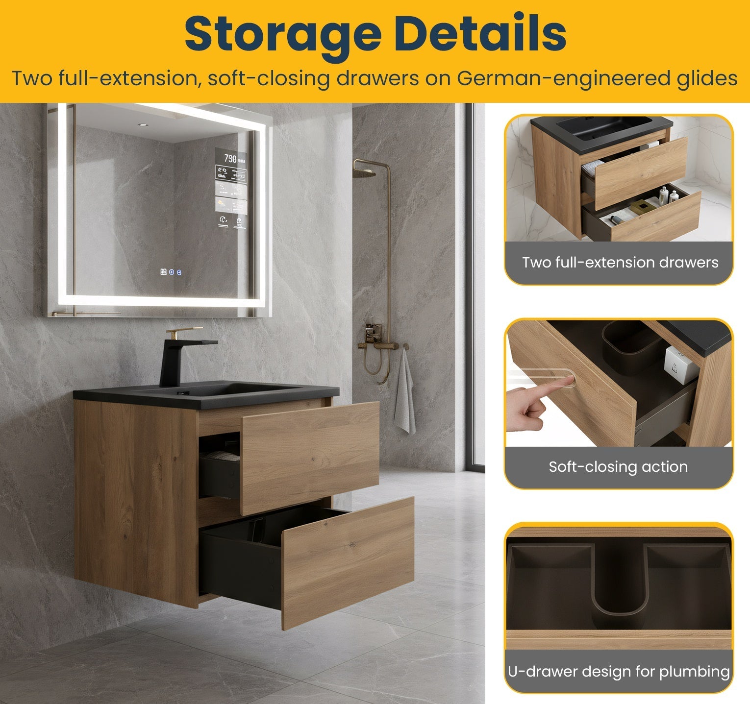 24" Rough Oak Wall Mount Bathroom Vanity with Black Engineered Quartz Countertop-Migration_Bathroom Vanities-DECOROLALA