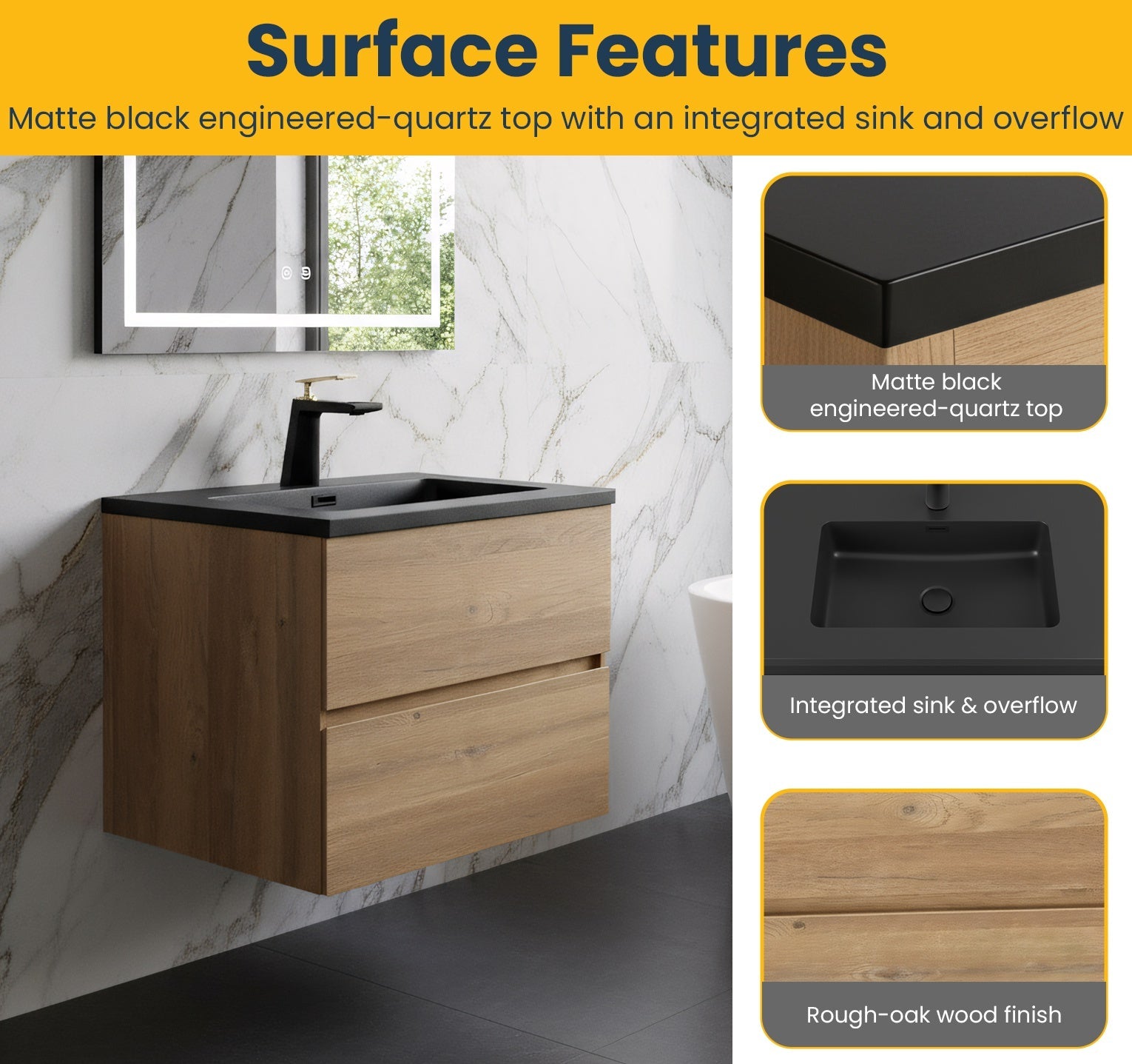 24" Rough Oak Wall Mount Bathroom Vanity with Black Engineered Quartz Countertop-Migration_Bathroom Vanities-DECOROLALA