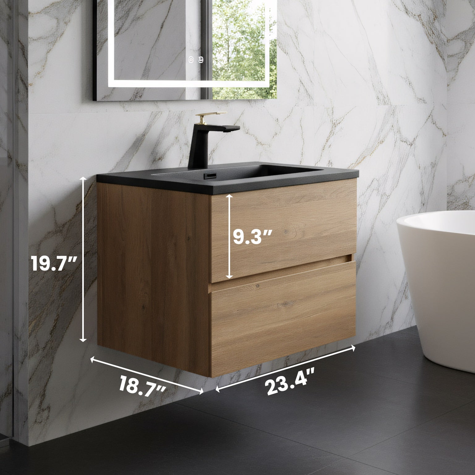 24" Rough Oak Wall Mount Bathroom Vanity with Black Engineered Quartz Countertop-Migration_Bathroom Vanities-DECOROLALA