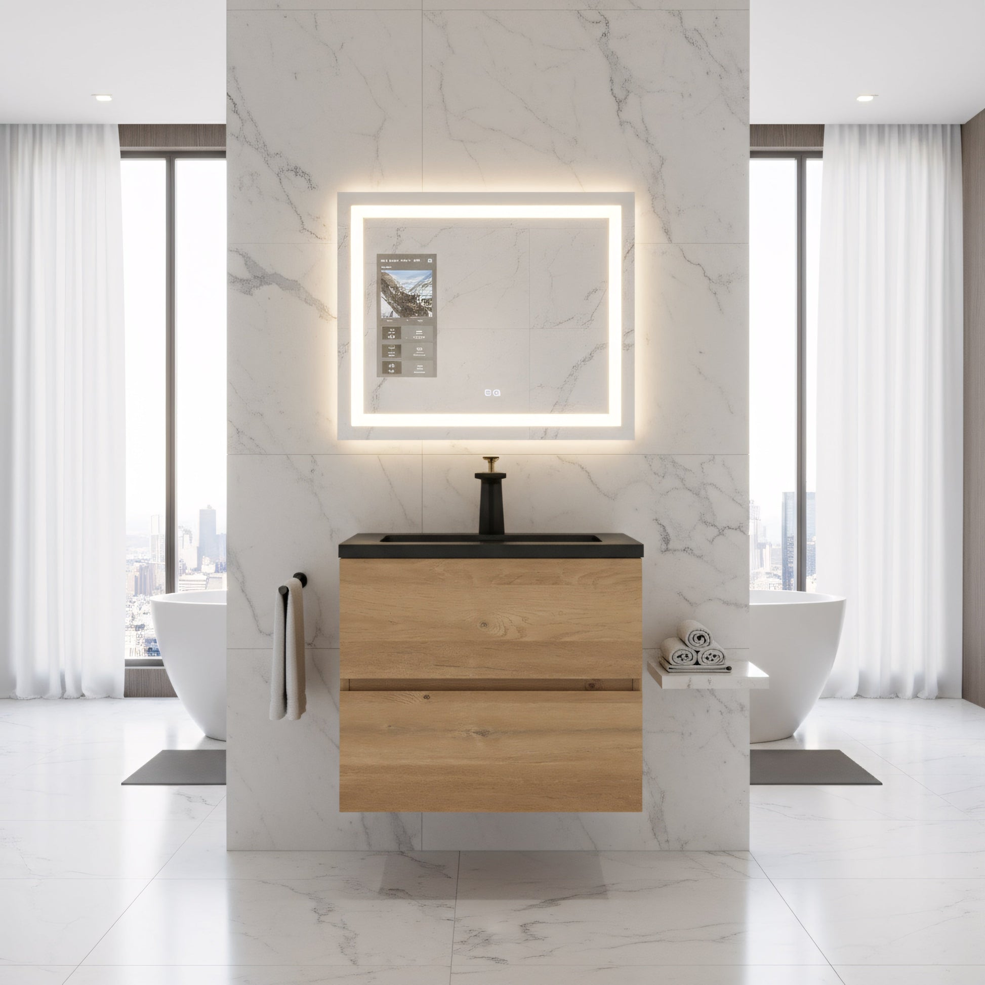 24" Rough Oak Wall Mount Bathroom Vanity with Black Engineered Quartz Countertop-Migration_Bathroom Vanities-DECOROLALA