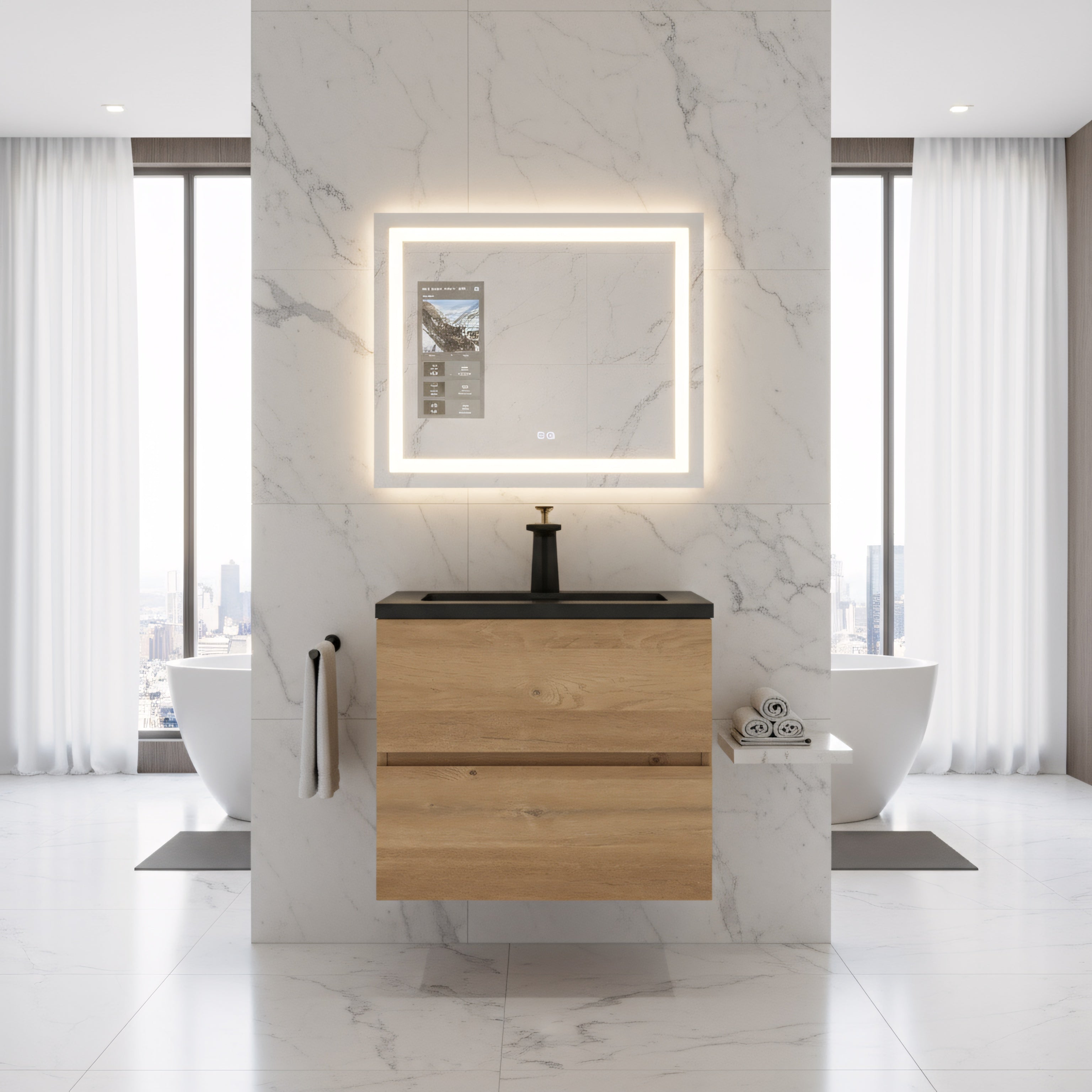 24" Rough Oak Wall Mount Bathroom Vanity with Black Engineered Quartz Countertop-Migration_Bathroom Vanities-DECOROLALA