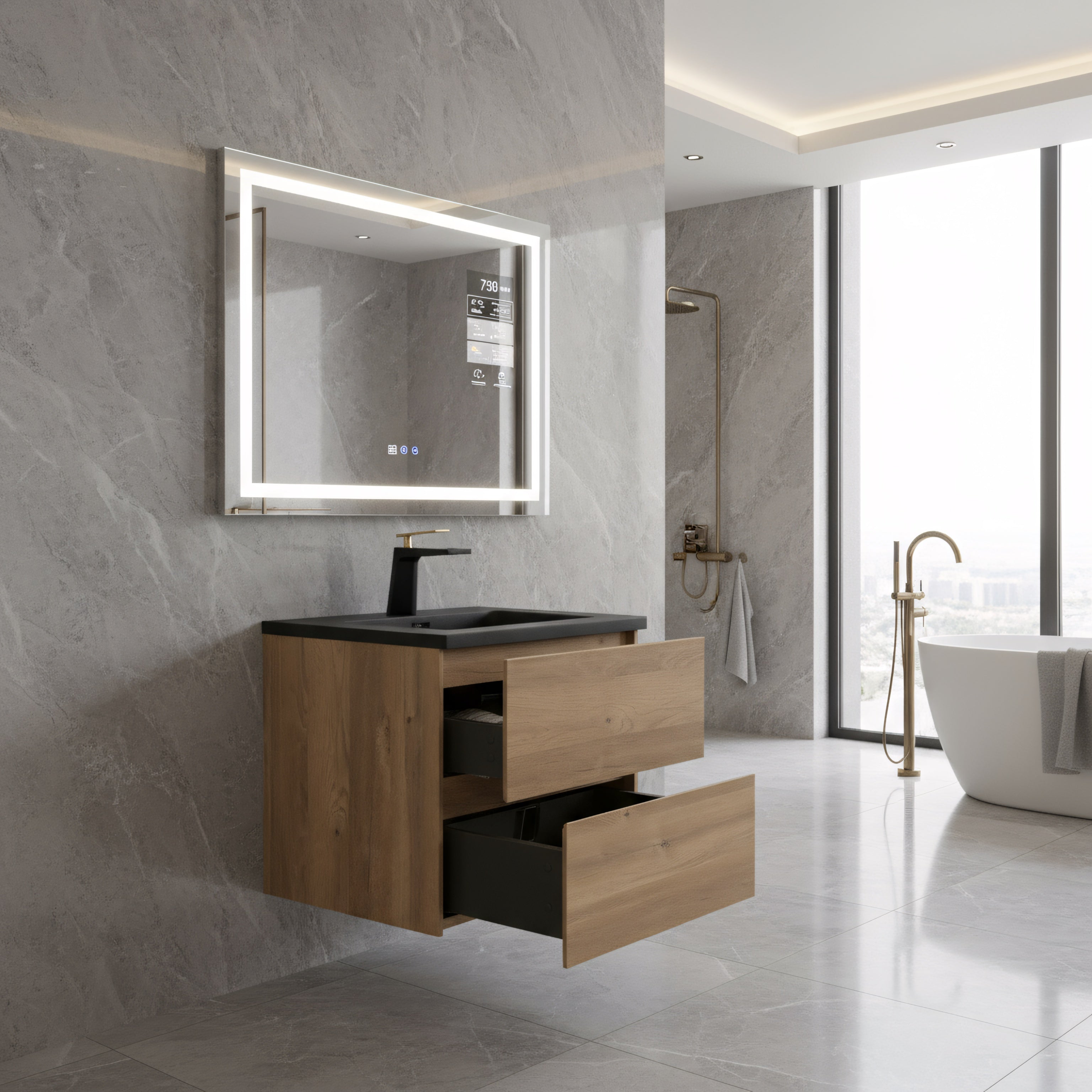 24" Rough Oak Wall Mount Bathroom Vanity with Black Engineered Quartz Countertop-Migration_Bathroom Vanities-DECOROLALA