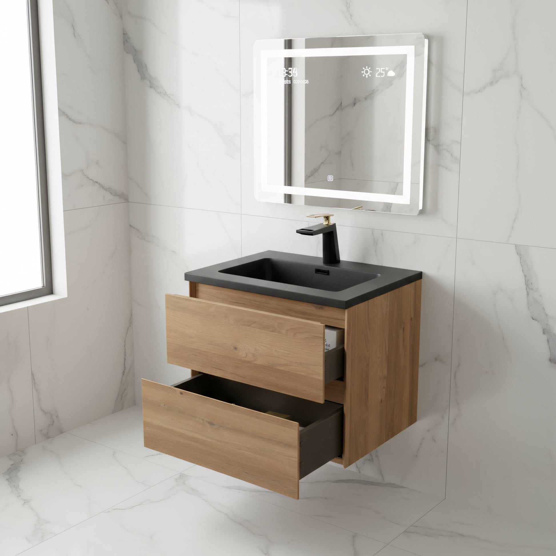 24" Rough Oak Wall Mount Bathroom Vanity with Black Engineered Quartz Countertop-Migration_Bathroom Vanities-DECOROLALA