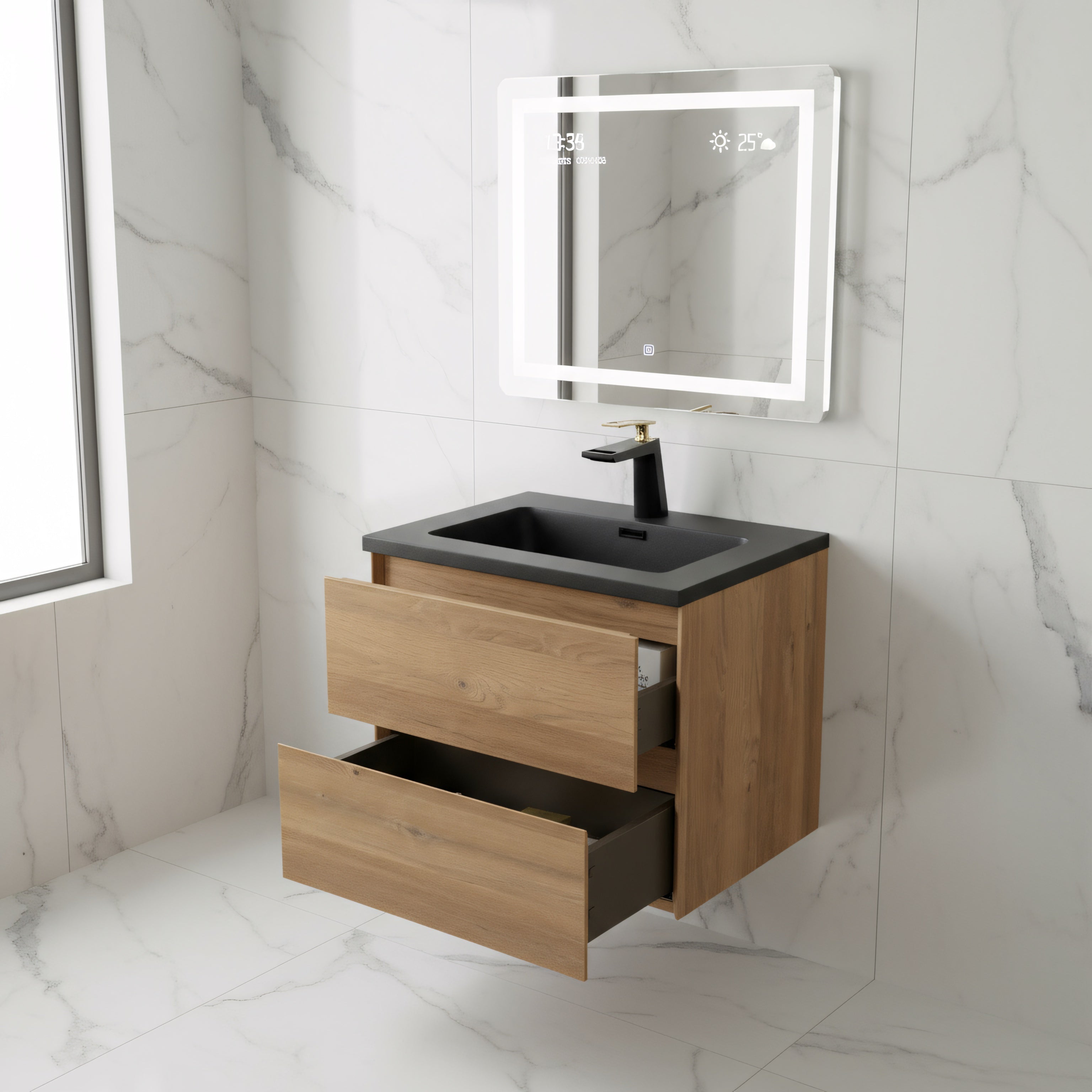 24" Rough Oak Wall Mount Bathroom Vanity with Black Engineered Quartz Countertop-Migration_Bathroom Vanities-DECOROLALA
