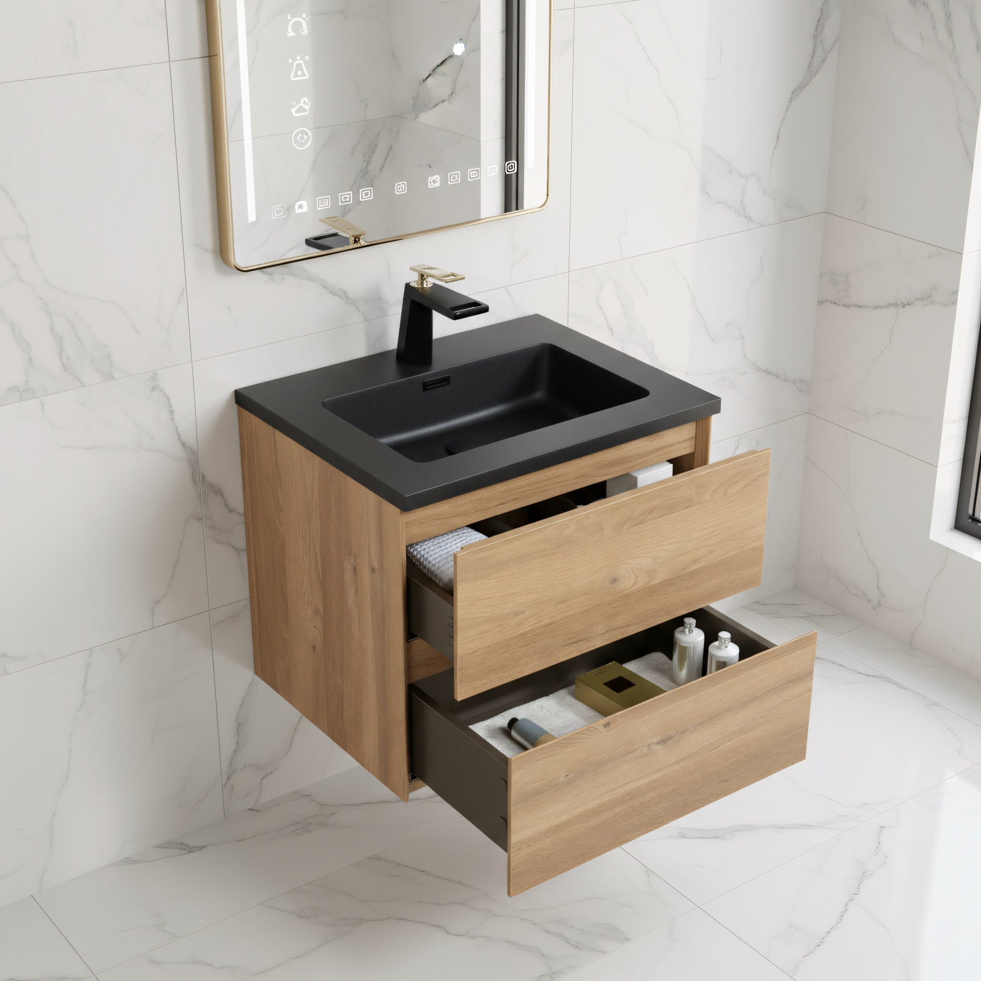 24" Rough Oak Wall Mount Bathroom Vanity with Black Engineered Quartz Countertop-Migration_Bathroom Vanities-DECOROLALA