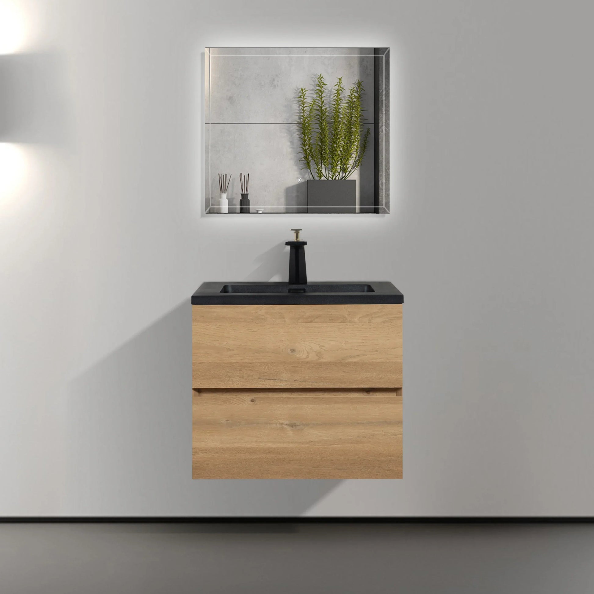 24" Rough Oak Wall Mount Bathroom Vanity with Black Engineered Quartz Countertop-Migration_Bathroom Vanities-DECOROLALA