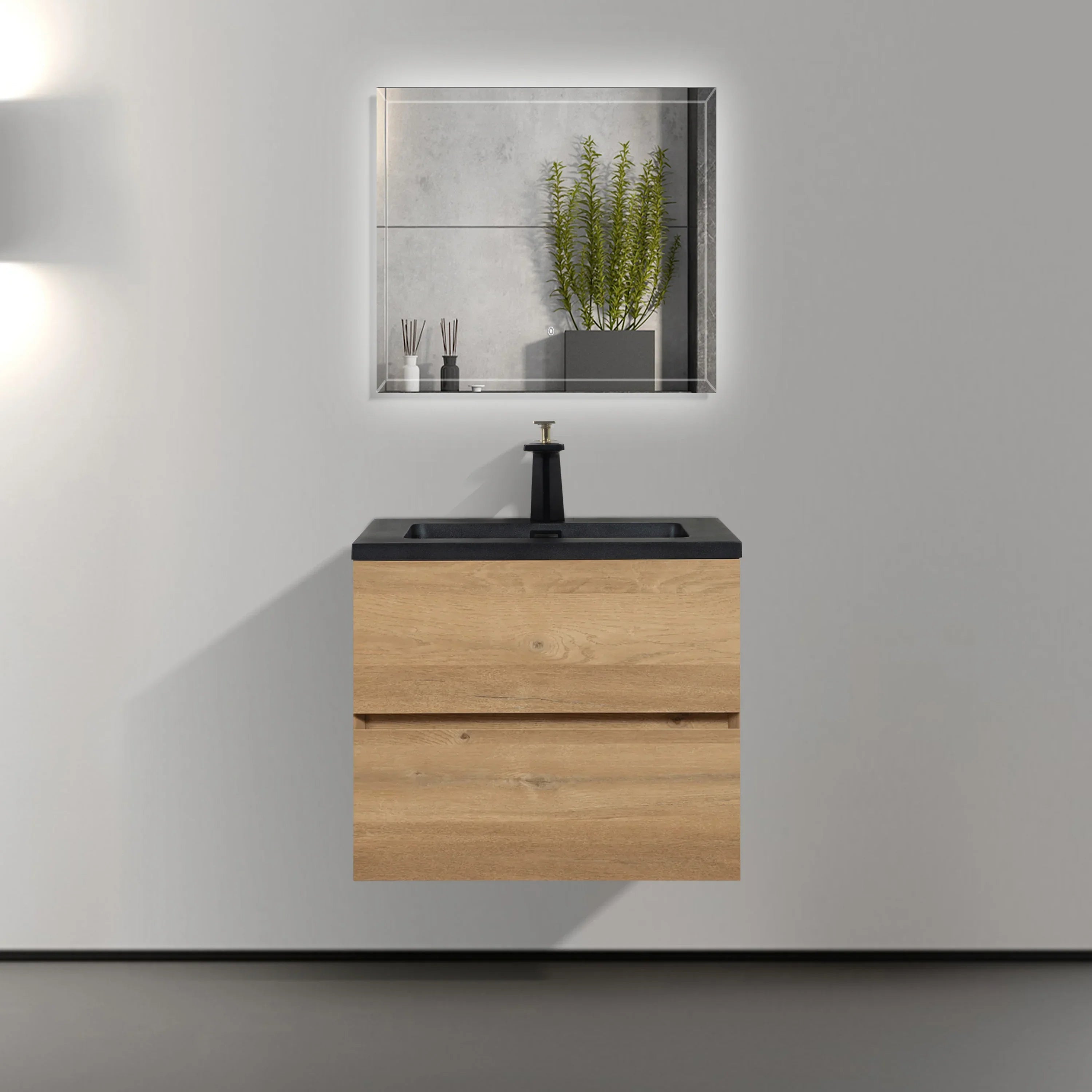 24" Rough Oak Wall Mount Bathroom Vanity with Black Engineered Quartz Countertop-Migration_Bathroom Vanities-DECOROLALA