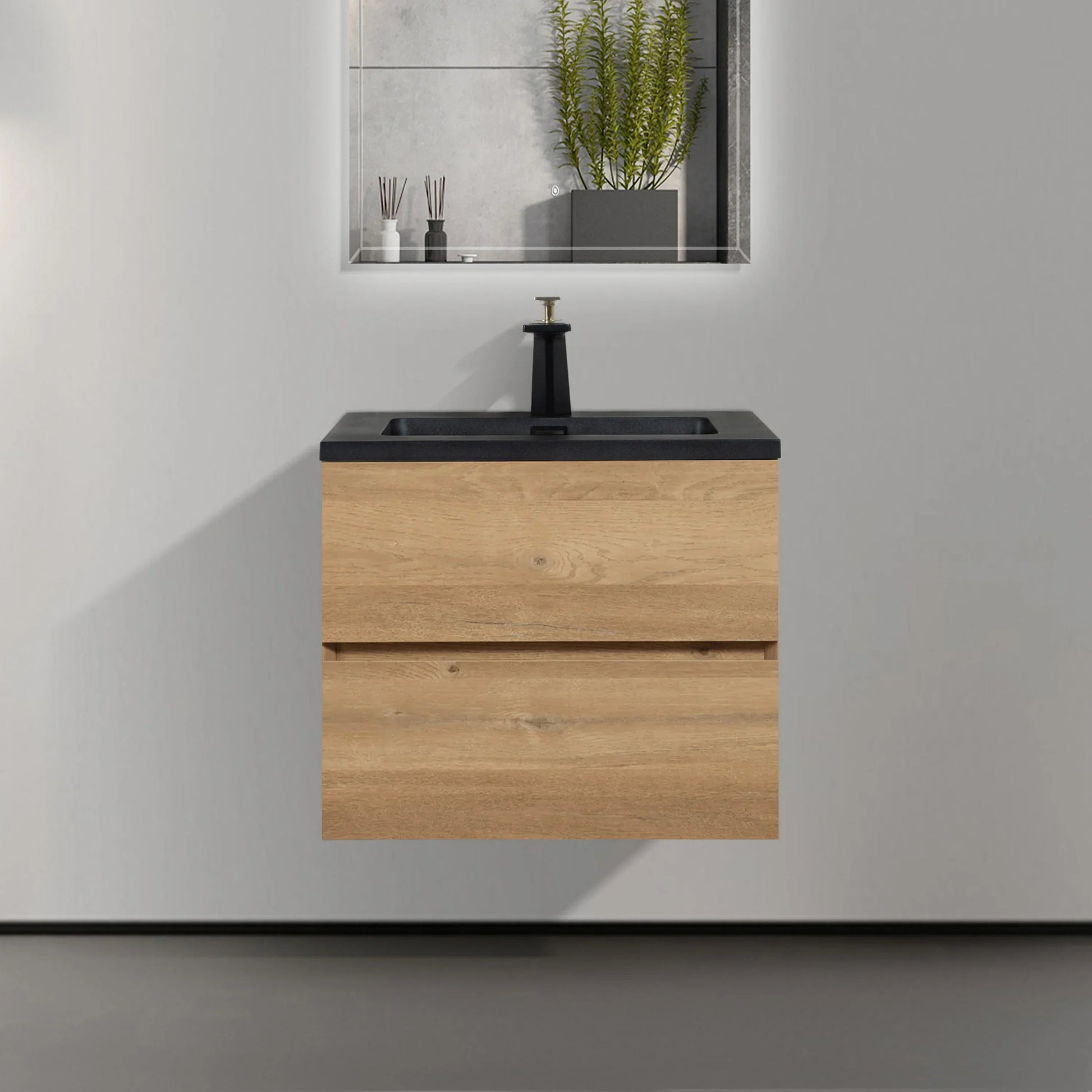 24" Rough Oak Wall Mount Bathroom Vanity with Black Engineered Quartz Countertop-Migration_Bathroom Vanities-DECOROLALA