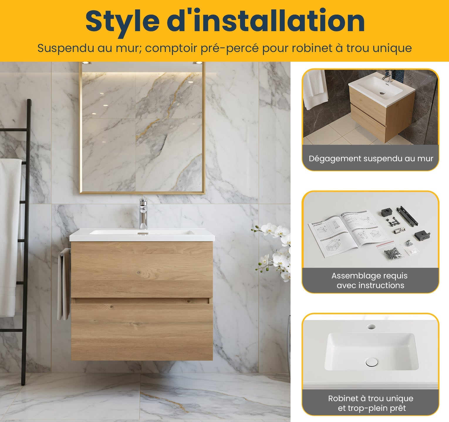 24" Rough Oak Wall Mount Bathroom Vanity with White Polymarble Countertop-Migration_Bathroom Vanities-DECOROLALA