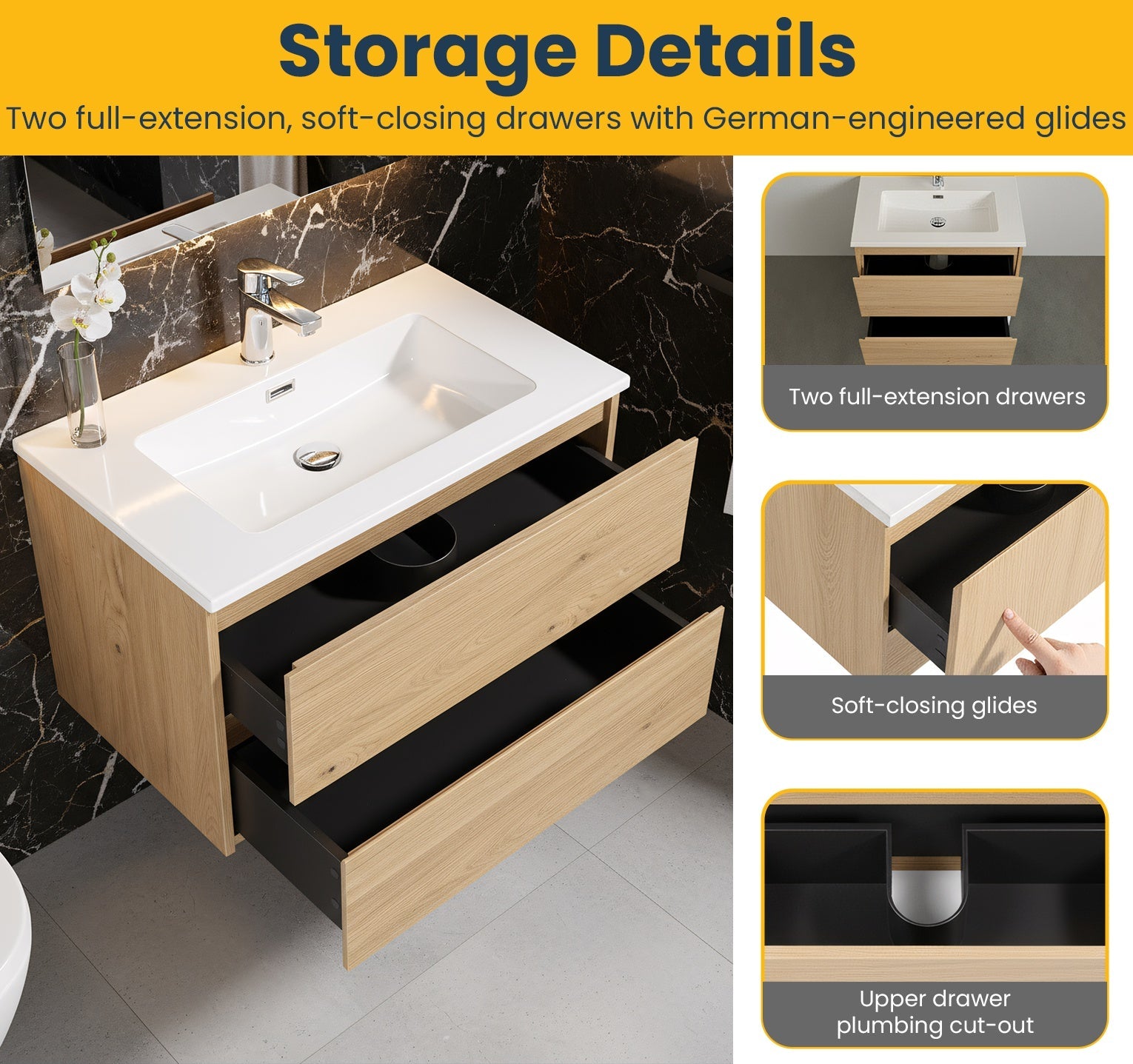 24" Rough Oak Wall Mount Bathroom Vanity with White Polymarble Countertop-Migration_Bathroom Vanities-DECOROLALA