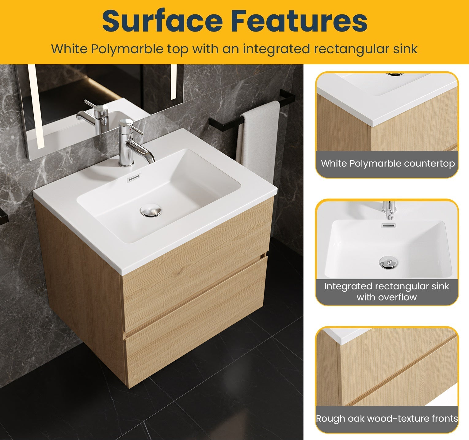 24" Rough Oak Wall Mount Bathroom Vanity with White Polymarble Countertop-Migration_Bathroom Vanities-DECOROLALA