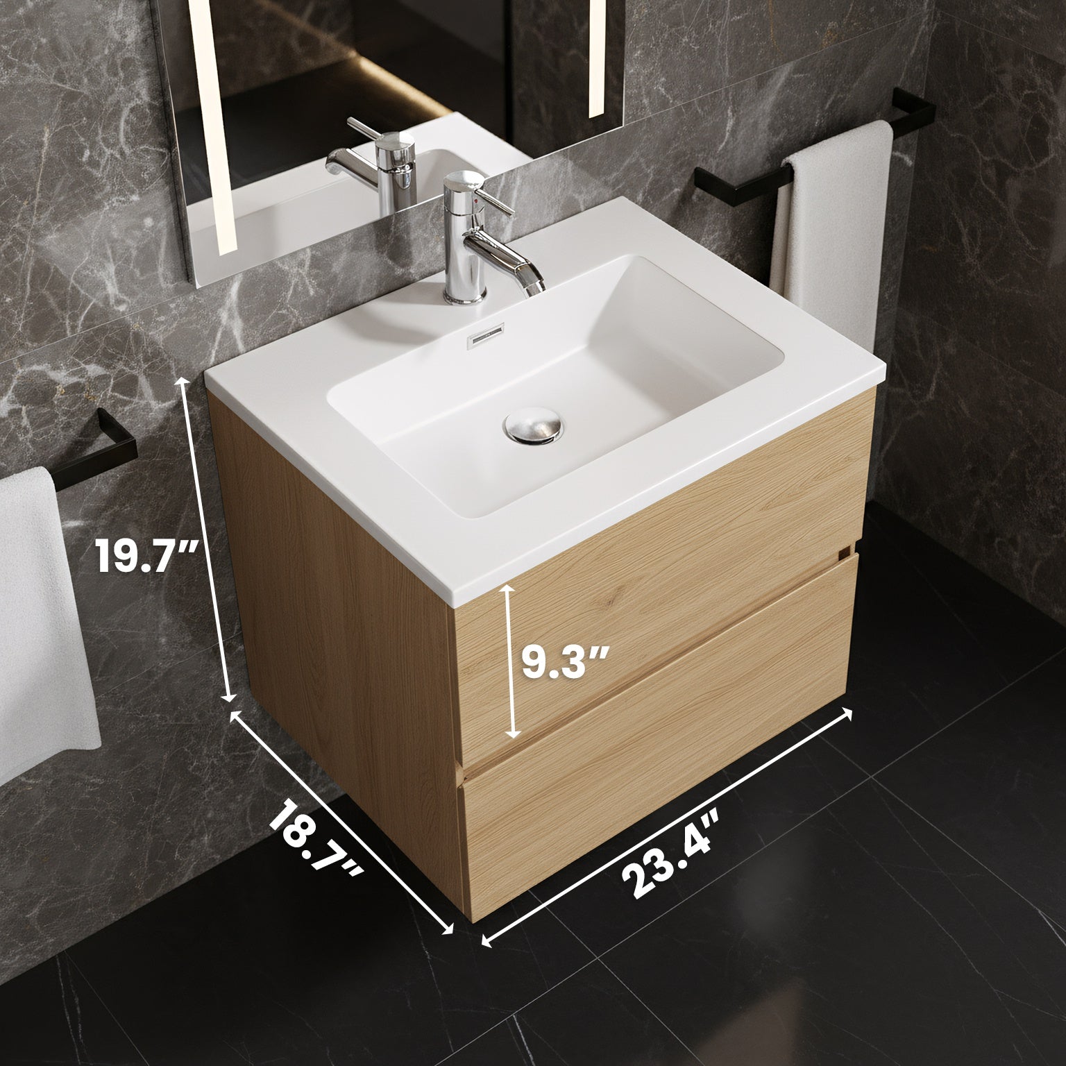 24" Rough Oak Wall Mount Bathroom Vanity with White Polymarble Countertop-Migration_Bathroom Vanities-DECOROLALA