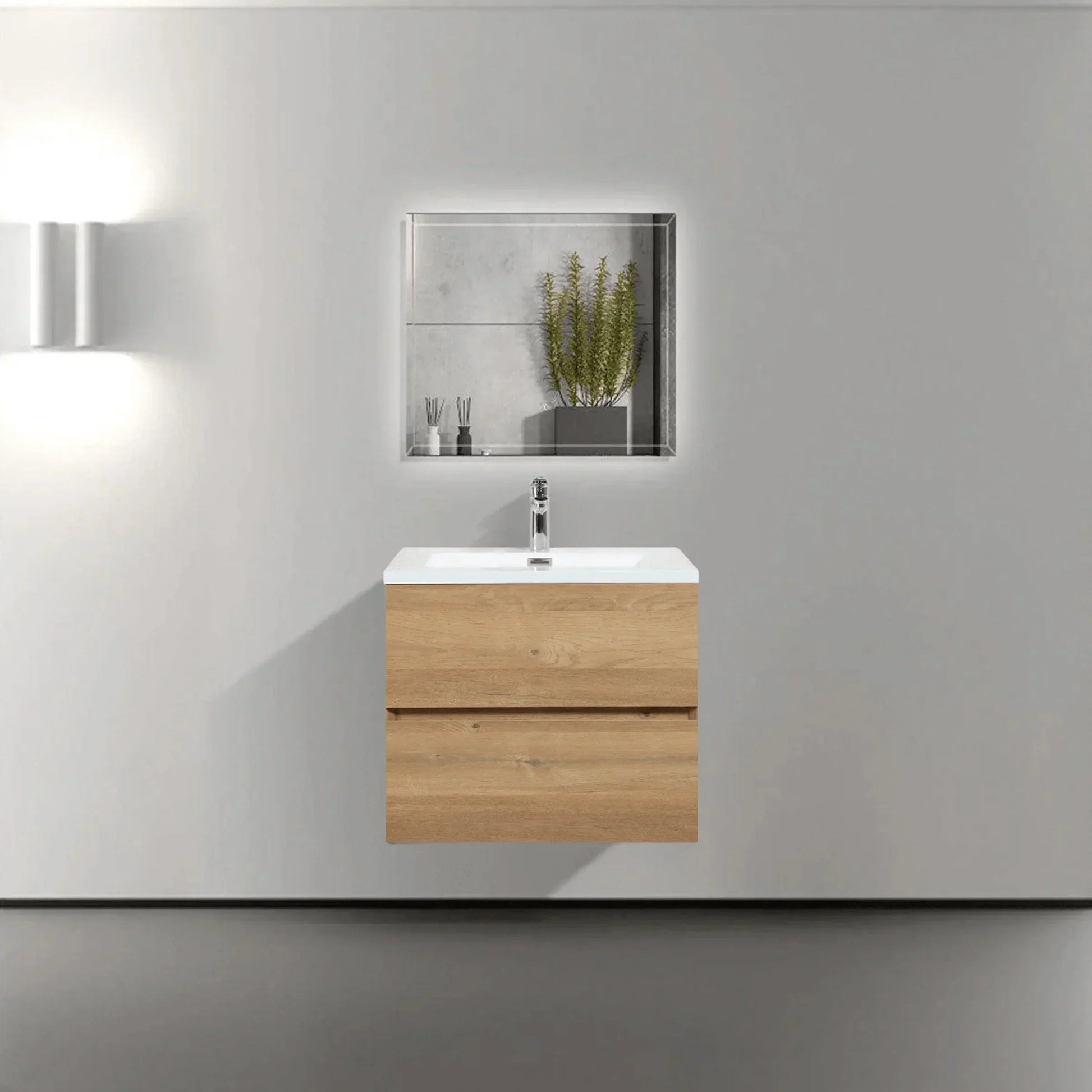 24" Rough Oak Wall Mount Bathroom Vanity with White Polymarble Countertop-Migration_Bathroom Vanities-DECOROLALA