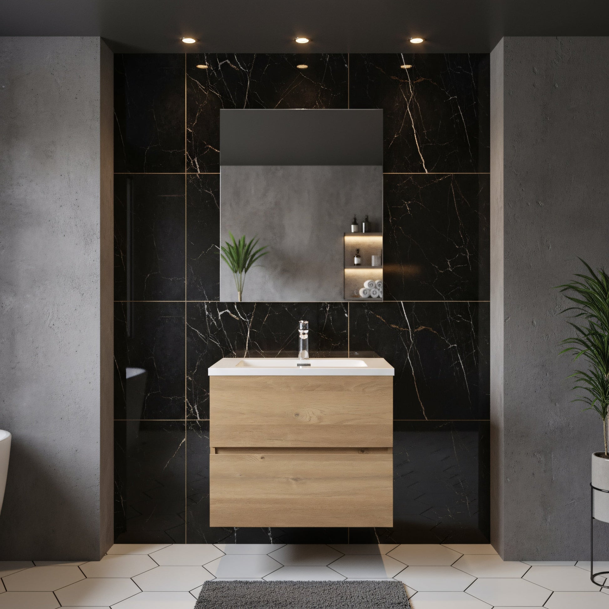 24" Rough Oak Wall Mount Bathroom Vanity with White Polymarble Countertop-Migration_Bathroom Vanities-DECOROLALA