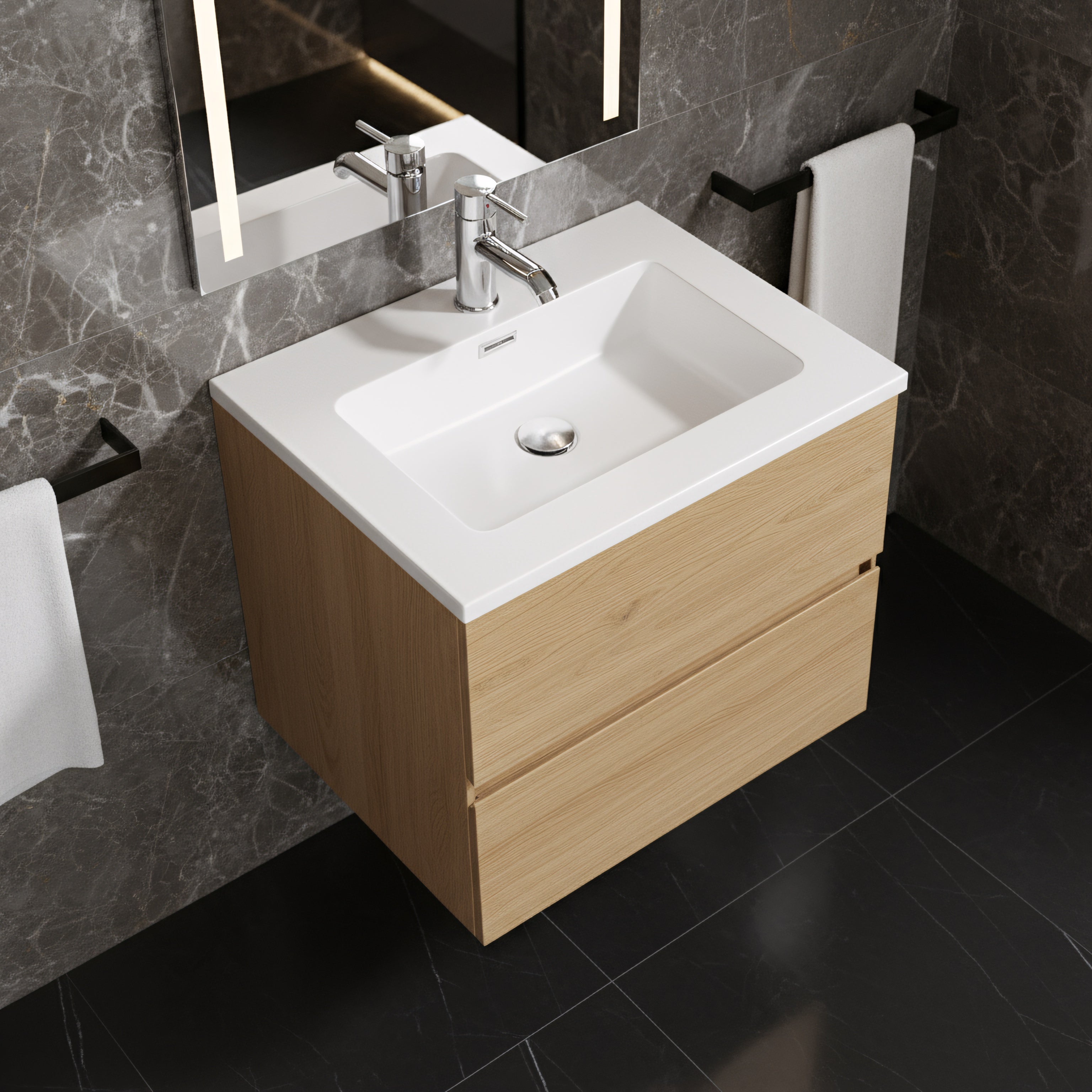24" Rough Oak Wall Mount Bathroom Vanity with White Polymarble Countertop-Migration_Bathroom Vanities-DECOROLALA