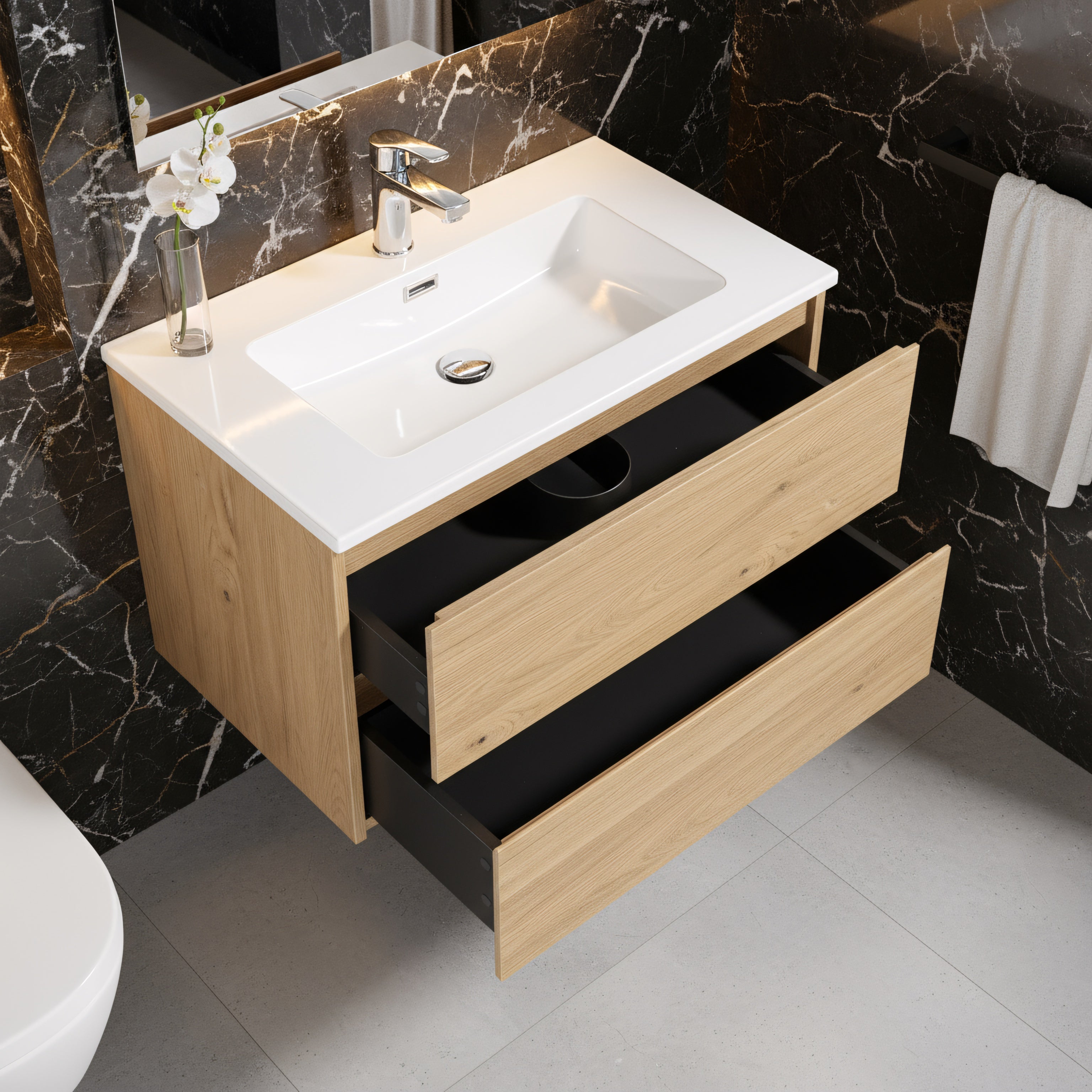 24" Rough Oak Wall Mount Bathroom Vanity with White Polymarble Countertop-Migration_Bathroom Vanities-DECOROLALA