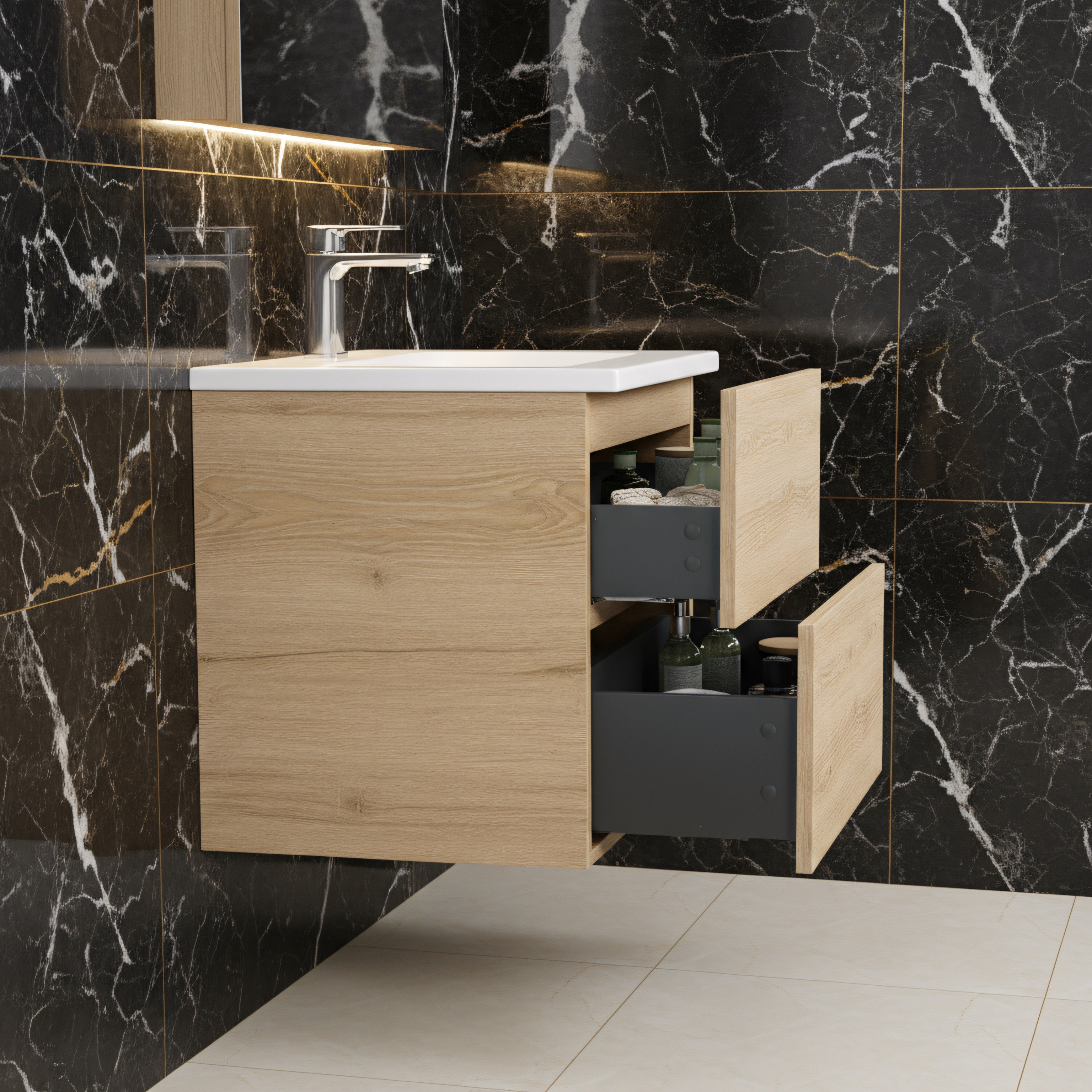 24" Rough Oak Wall Mount Bathroom Vanity with White Polymarble Countertop-Migration_Bathroom Vanities-DECOROLALA