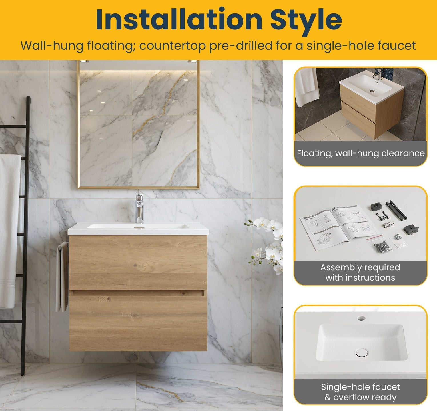 24" Rough Oak Wall Mount Bathroom Vanity with White Polymarble Countertop-Migration_Bathroom Vanities-DECOROLALA