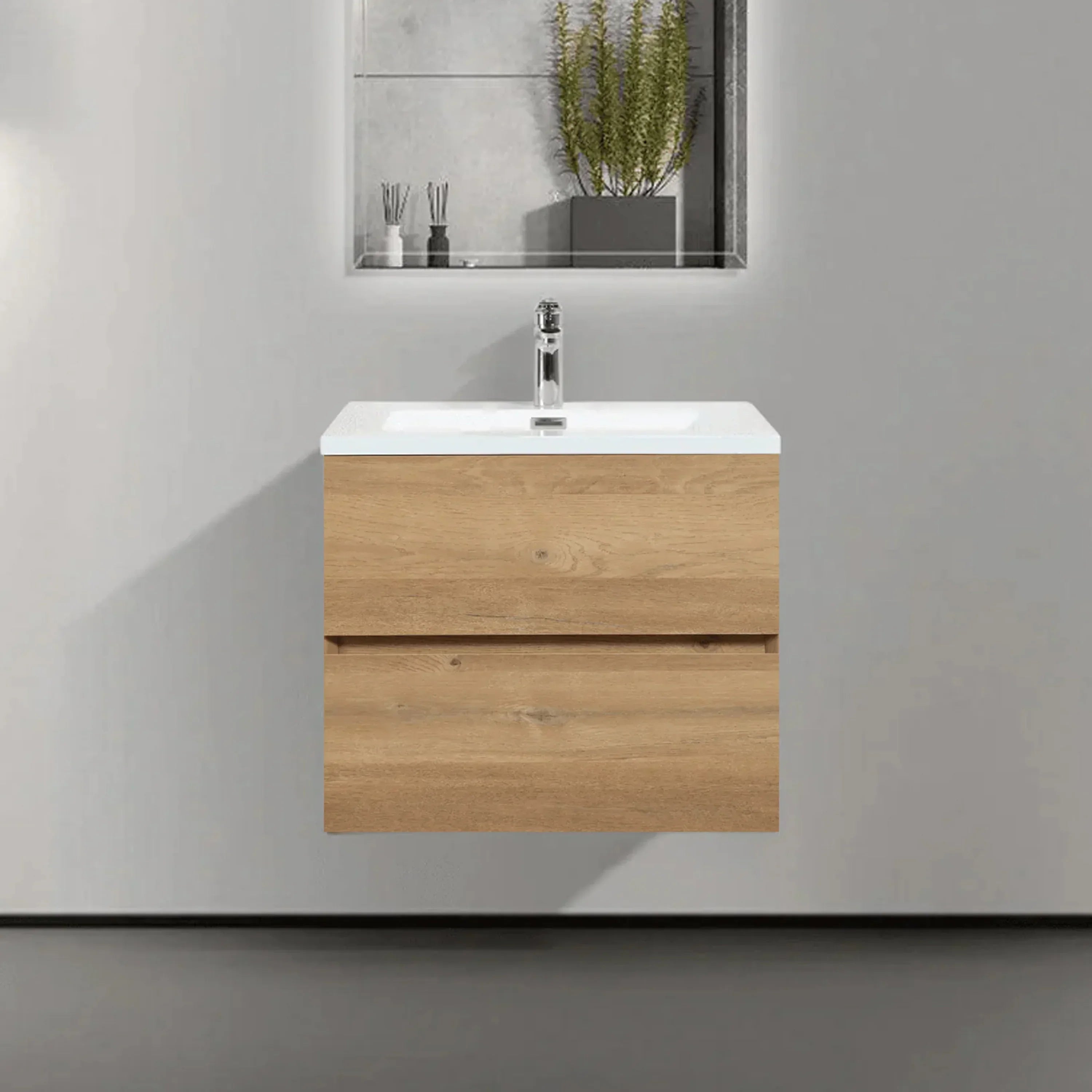 24" Rough Oak Wall Mount Bathroom Vanity with White Polymarble Countertop-Migration_Bathroom Vanities-DECOROLALA