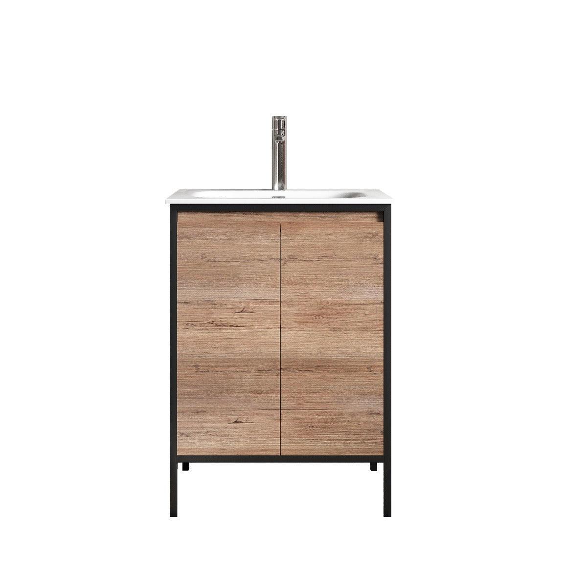 24" Rough Oak and Black Metal Frame Freestanding Single Sink Bathroom Vanity with White Ceramic Countertop-Migration_Bathroom Vanities-DECOROLALA