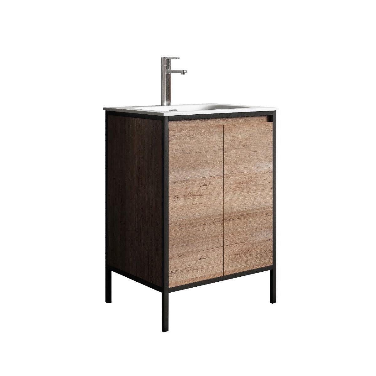24" Rough Oak and Black Metal Frame Freestanding Single Sink Bathroom Vanity with White Ceramic Countertop-Migration_Bathroom Vanities-DECOROLALA