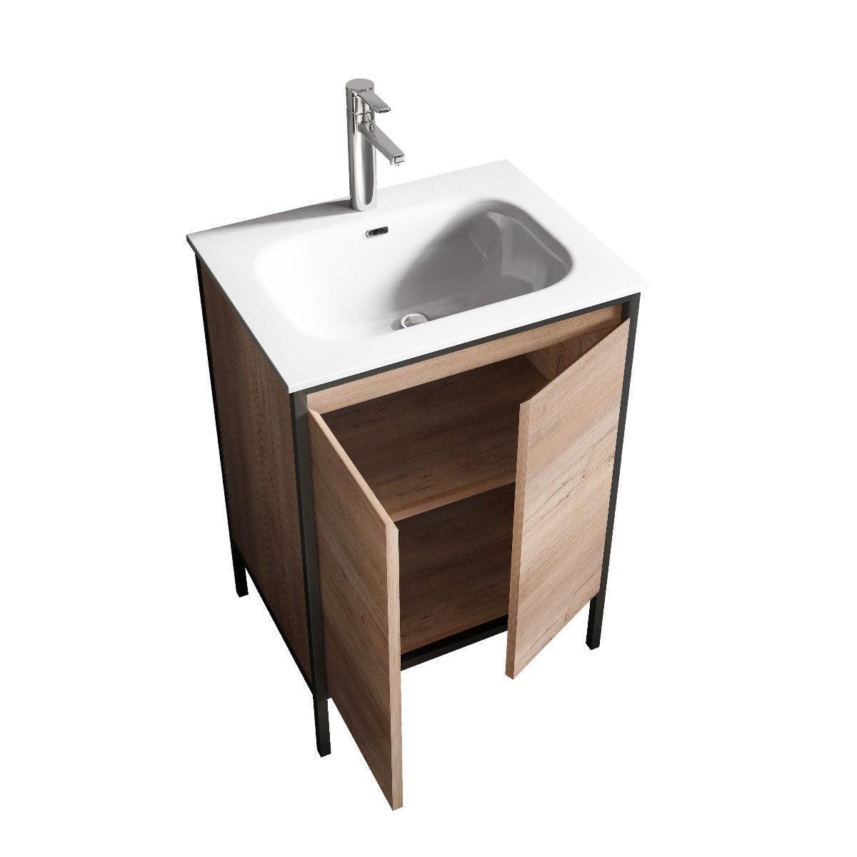 24" Rough Oak and Black Metal Frame Freestanding Single Sink Bathroom Vanity with White Ceramic Countertop-Migration_Bathroom Vanities-DECOROLALA
