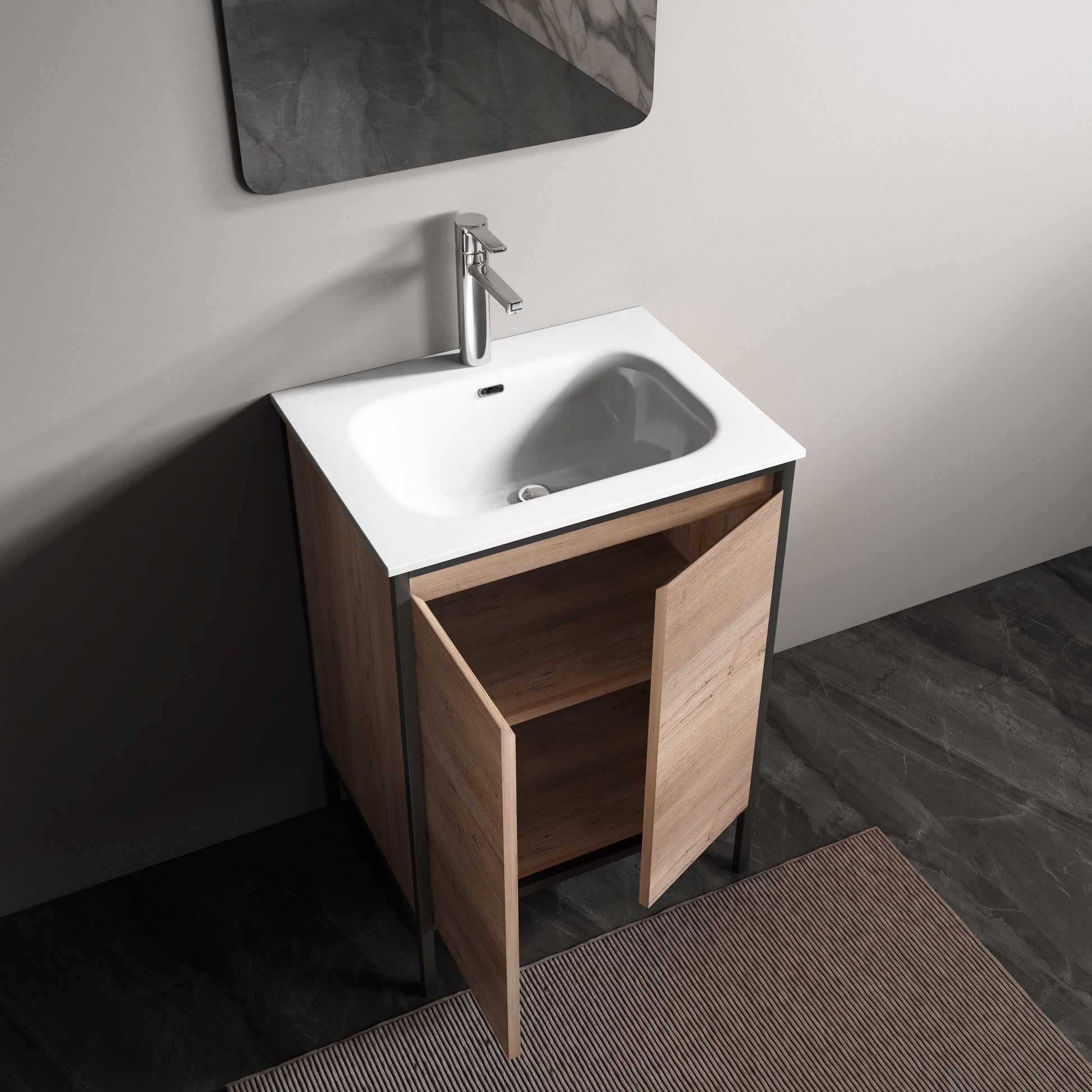 24" Rough Oak and Black Metal Frame Freestanding Single Sink Bathroom Vanity with White Ceramic Countertop-Migration_Bathroom Vanities-DECOROLALA
