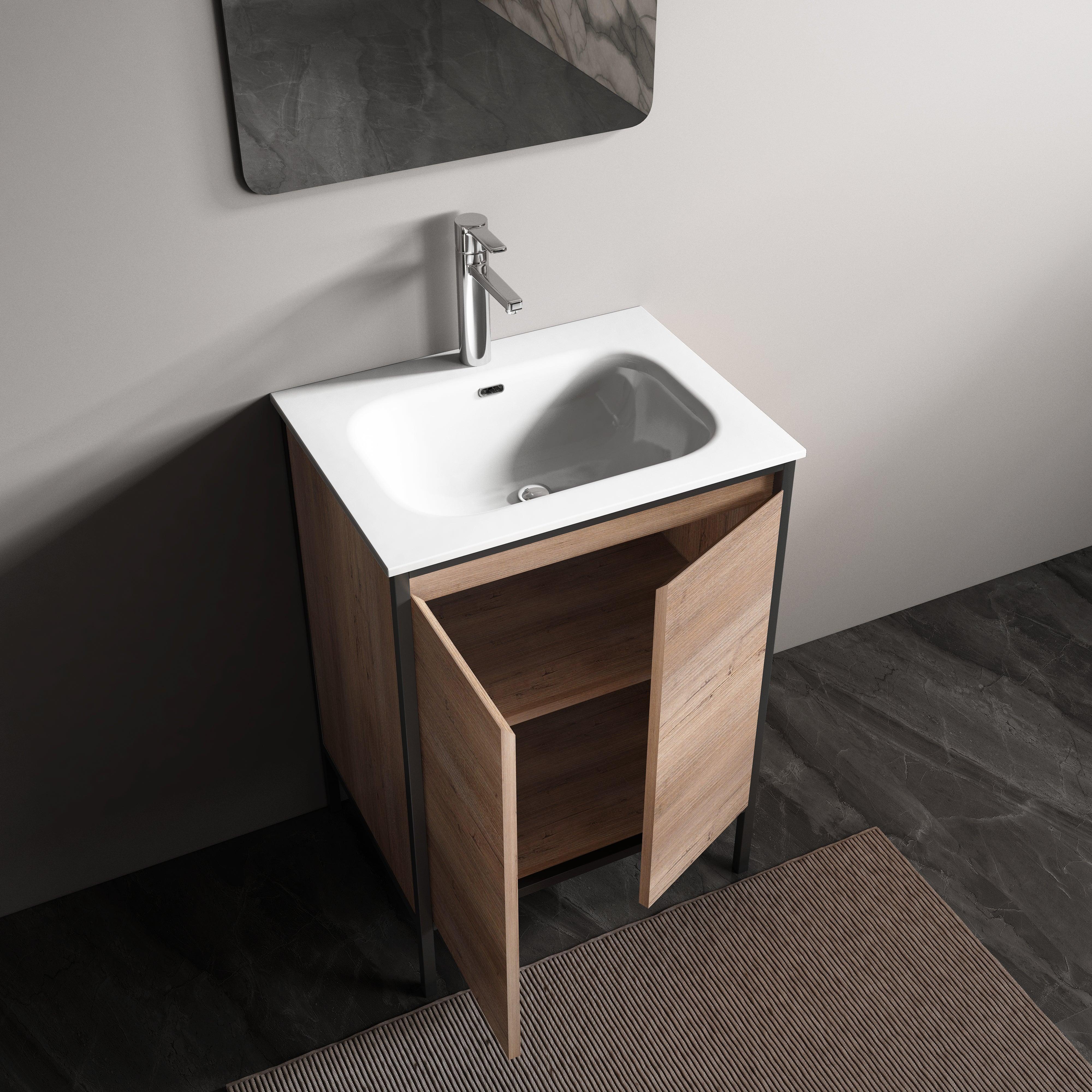 24" Rough Oak and Black Metal Frame Freestanding Single Sink Bathroom Vanity with White Ceramic Countertop-Migration_Bathroom Vanities-DECOROLALA