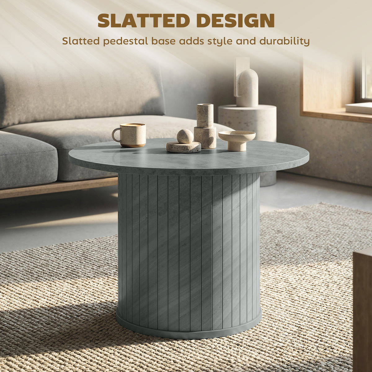 24" Round Coffee Table - Cement Grey Slatted Pedestal-Home Furnishings > Living Room Furniture > Coffee Tables-DECOROLALA