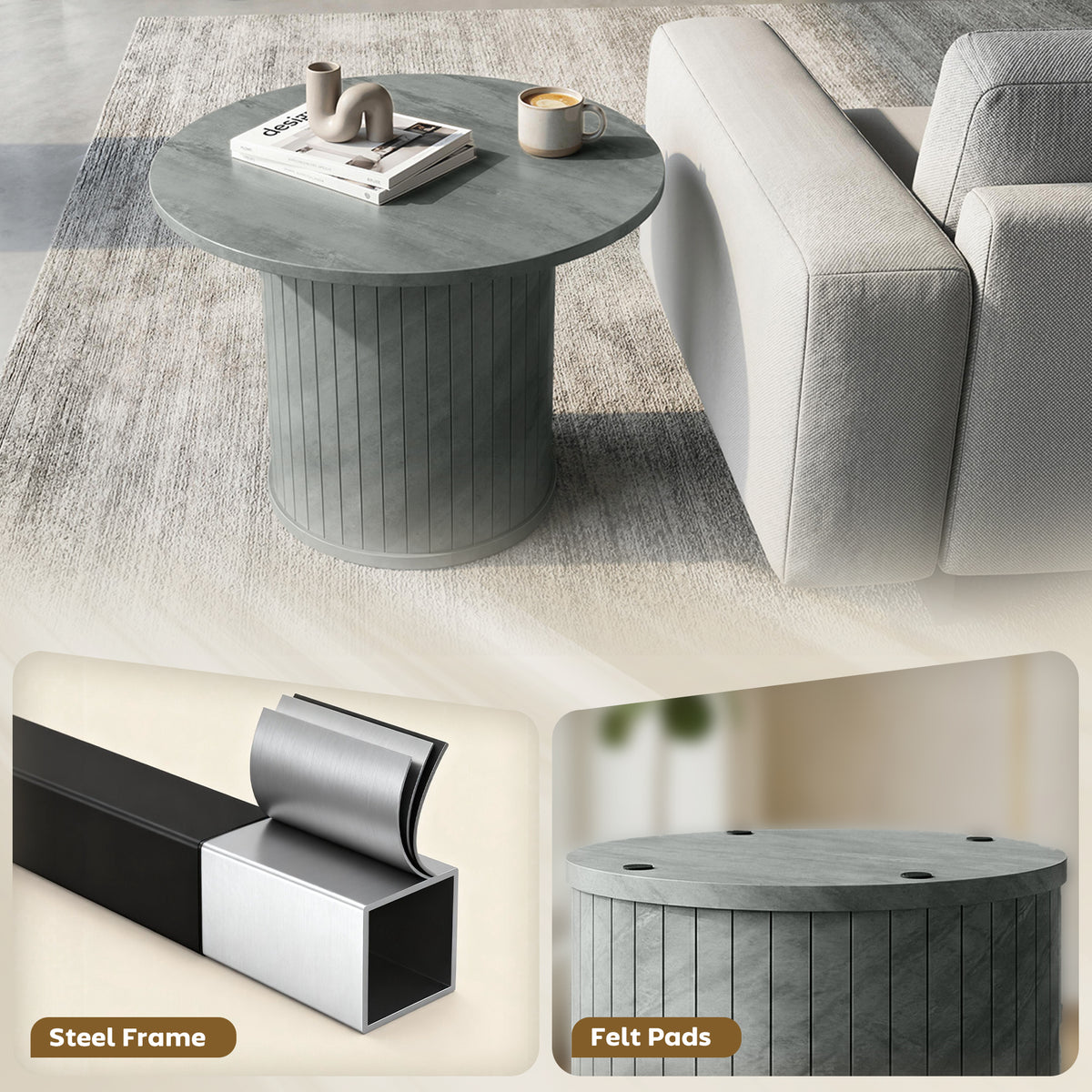 24" Round Coffee Table - Cement Grey Slatted Pedestal-Home Furnishings > Living Room Furniture > Coffee Tables-DECOROLALA