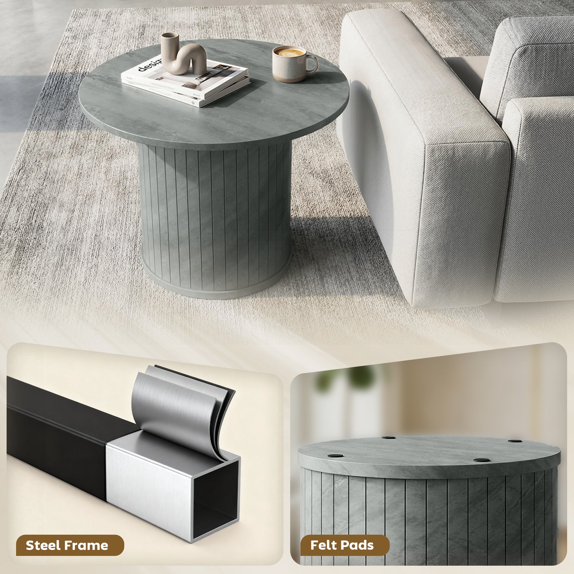 24" Round Coffee Table - Cement Grey Slatted Pedestal-Home Furnishings > Living Room Furniture > Coffee Tables-DECOROLALA