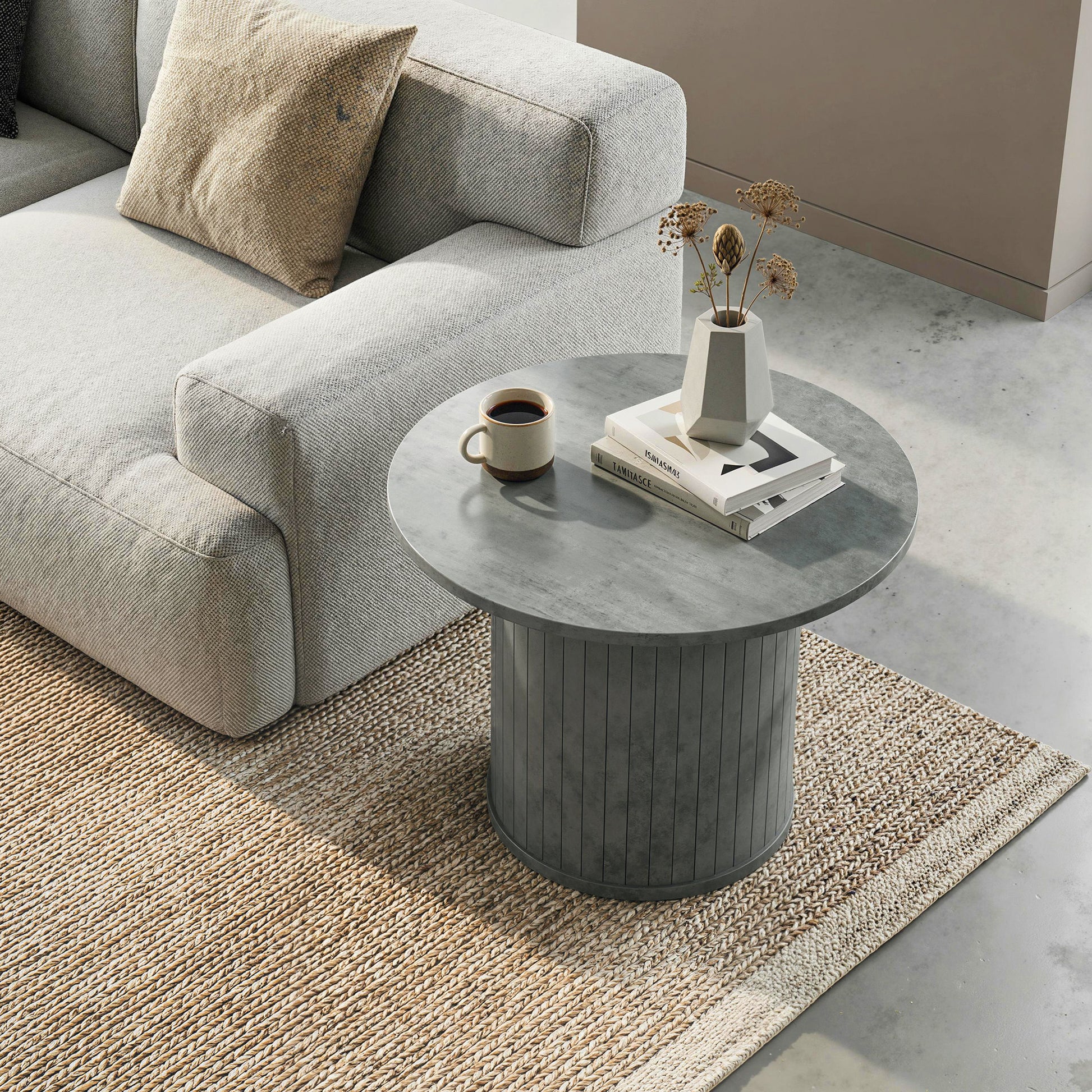 24" Round Coffee Table - Cement Grey Slatted Pedestal-Home Furnishings > Living Room Furniture > Coffee Tables-DECOROLALA