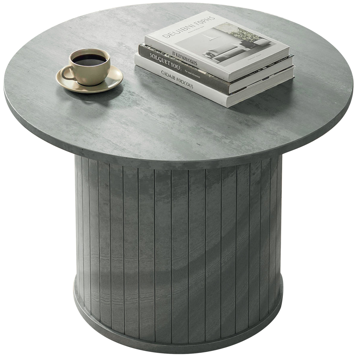 24" Round Coffee Table - Cement Grey Slatted Pedestal-Home Furnishings > Living Room Furniture > Coffee Tables-DECOROLALA