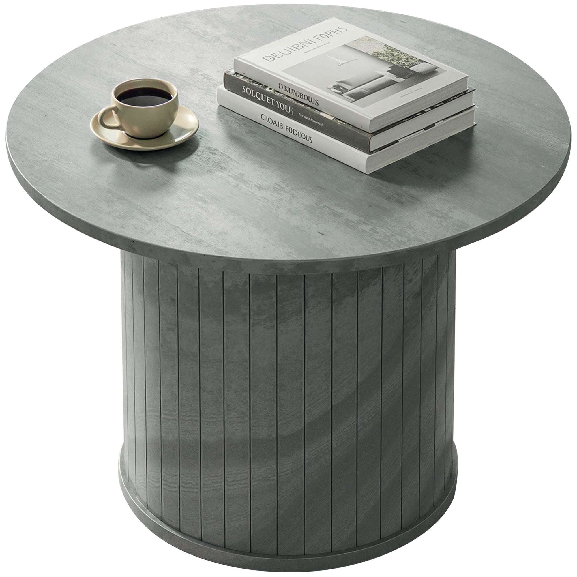 24" Round Coffee Table - Cement Grey Slatted Pedestal-Home Furnishings > Living Room Furniture > Coffee Tables-DECOROLALA