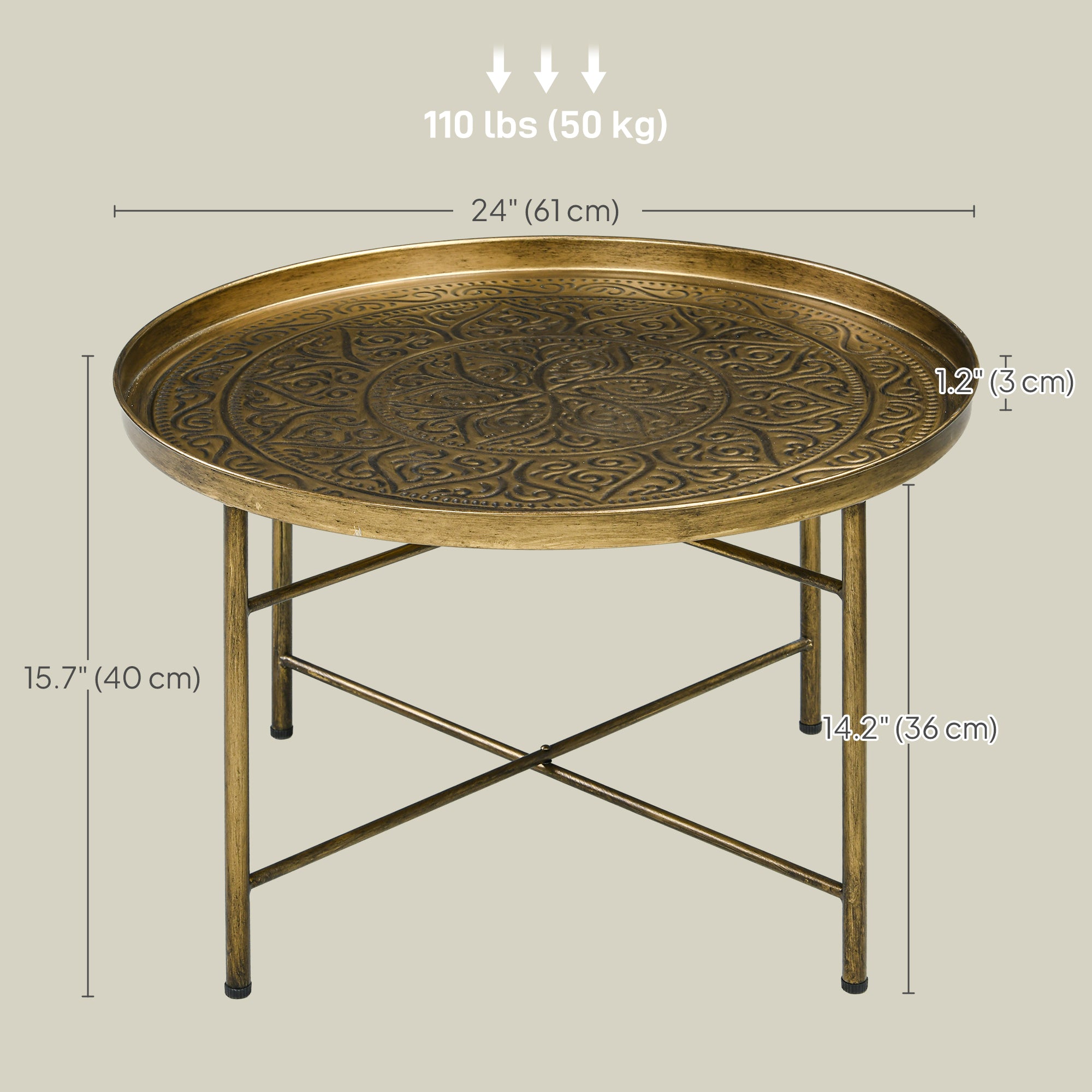 24" Round Coffee Table - Gold Hammered Tray Top Boho Metal-Home Furnishings > Living Room Furniture > Coffee Tables-DECOROLALA