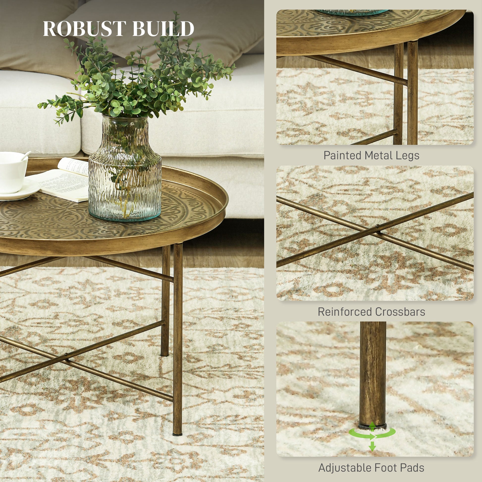 24" Round Coffee Table - Gold Hammered Tray Top Boho Metal-Home Furnishings > Living Room Furniture > Coffee Tables-DECOROLALA