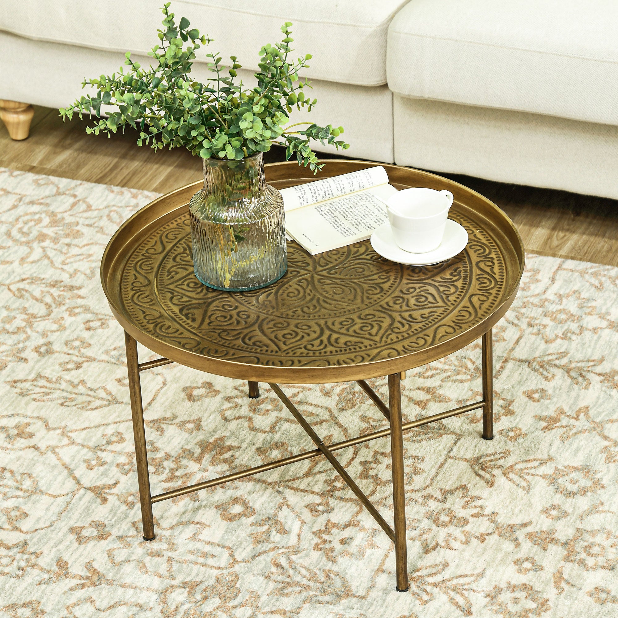 24" Round Coffee Table - Gold Hammered Tray Top Boho Metal-Home Furnishings > Living Room Furniture > Coffee Tables-DECOROLALA
