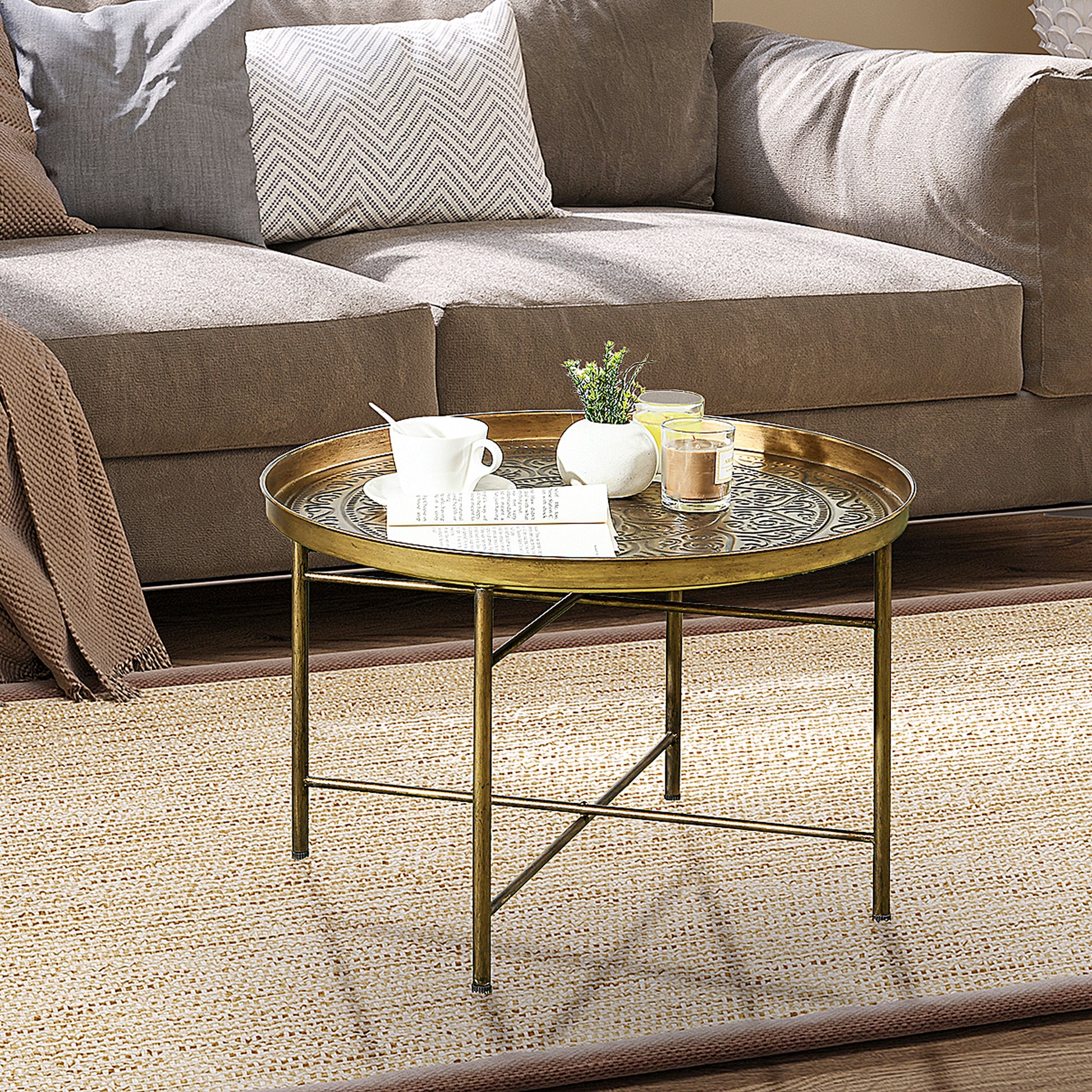 24" Round Coffee Table - Gold Hammered Tray Top Boho Metal-Home Furnishings > Living Room Furniture > Coffee Tables-DECOROLALA