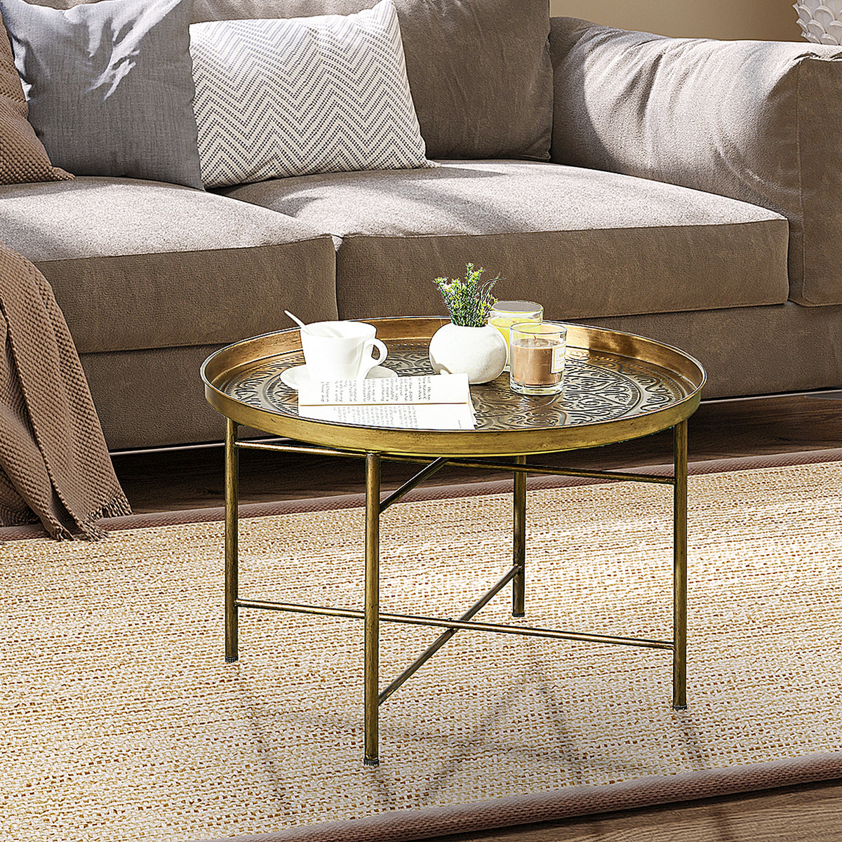 24" Round Coffee Table - Gold Hammered Tray Top Boho Metal-Home Furnishings > Living Room Furniture > Coffee Tables-DECOROLALA